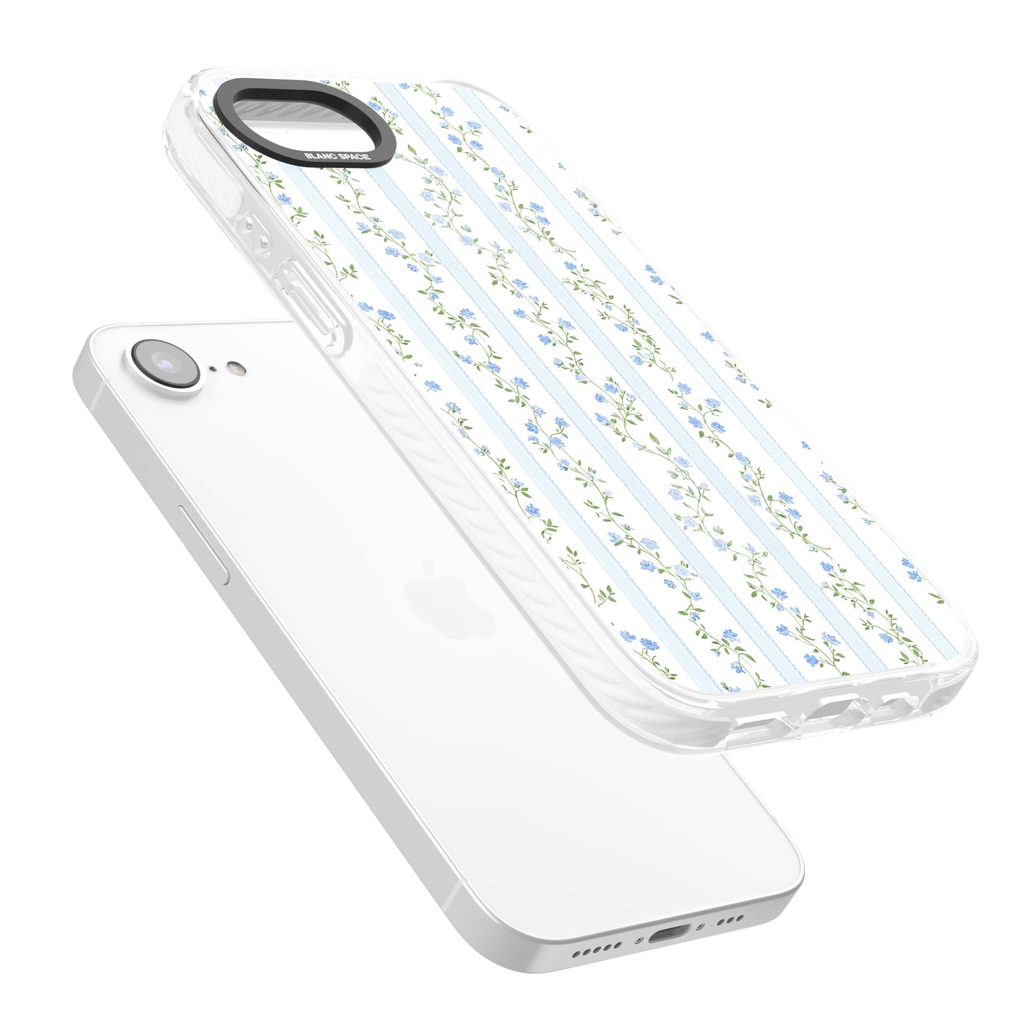 Bluebell Vine cottagecore iPhone case featuring climbing blue roses, trailing green vines, and pale ticking stripes | Clear Impact case for iPhone 16e, iPhone 17e