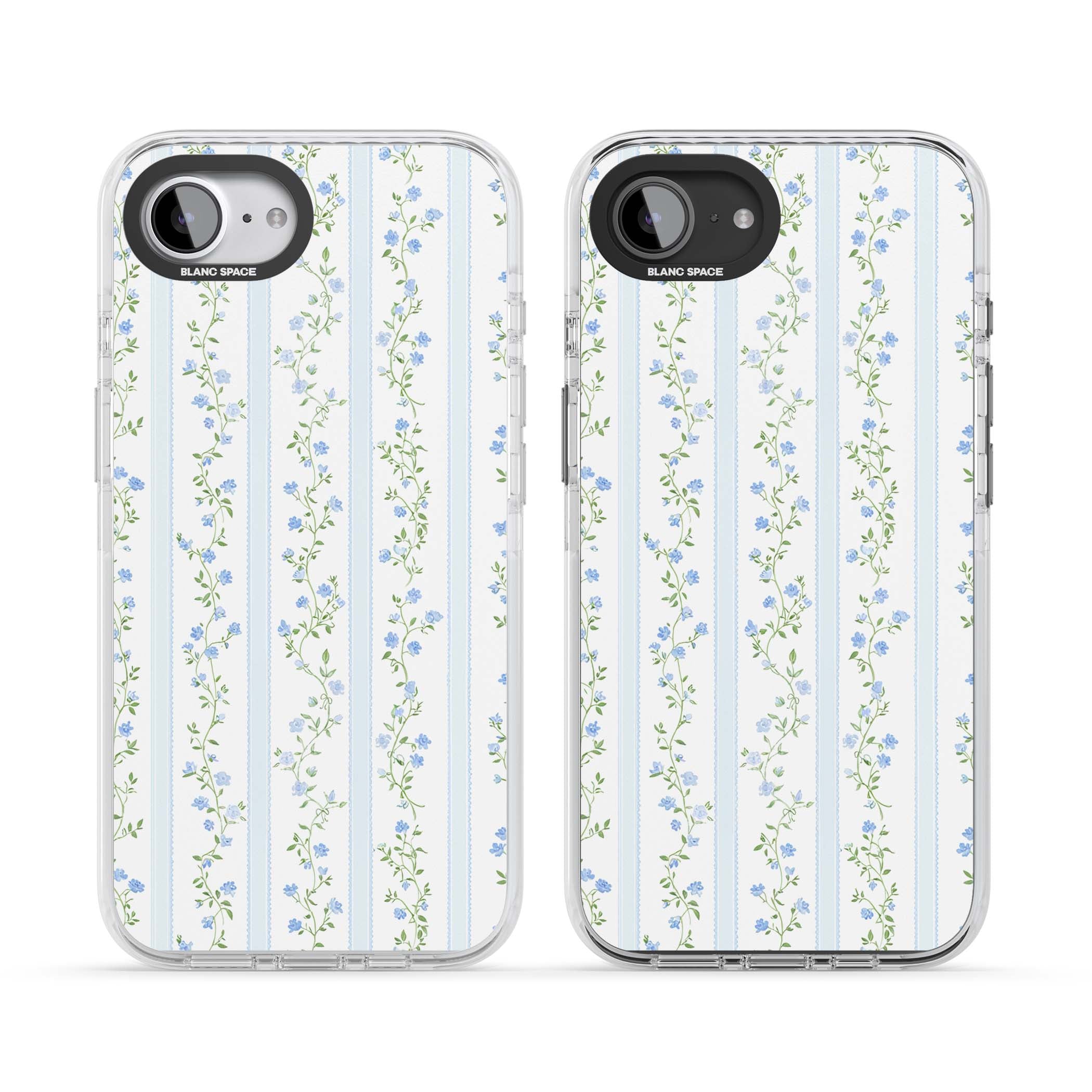 Bluebell Vine cottagecore iPhone case featuring climbing blue roses, trailing green vines, and pale ticking stripes | Clear Impact case for iPhone 16e, iPhone 17e