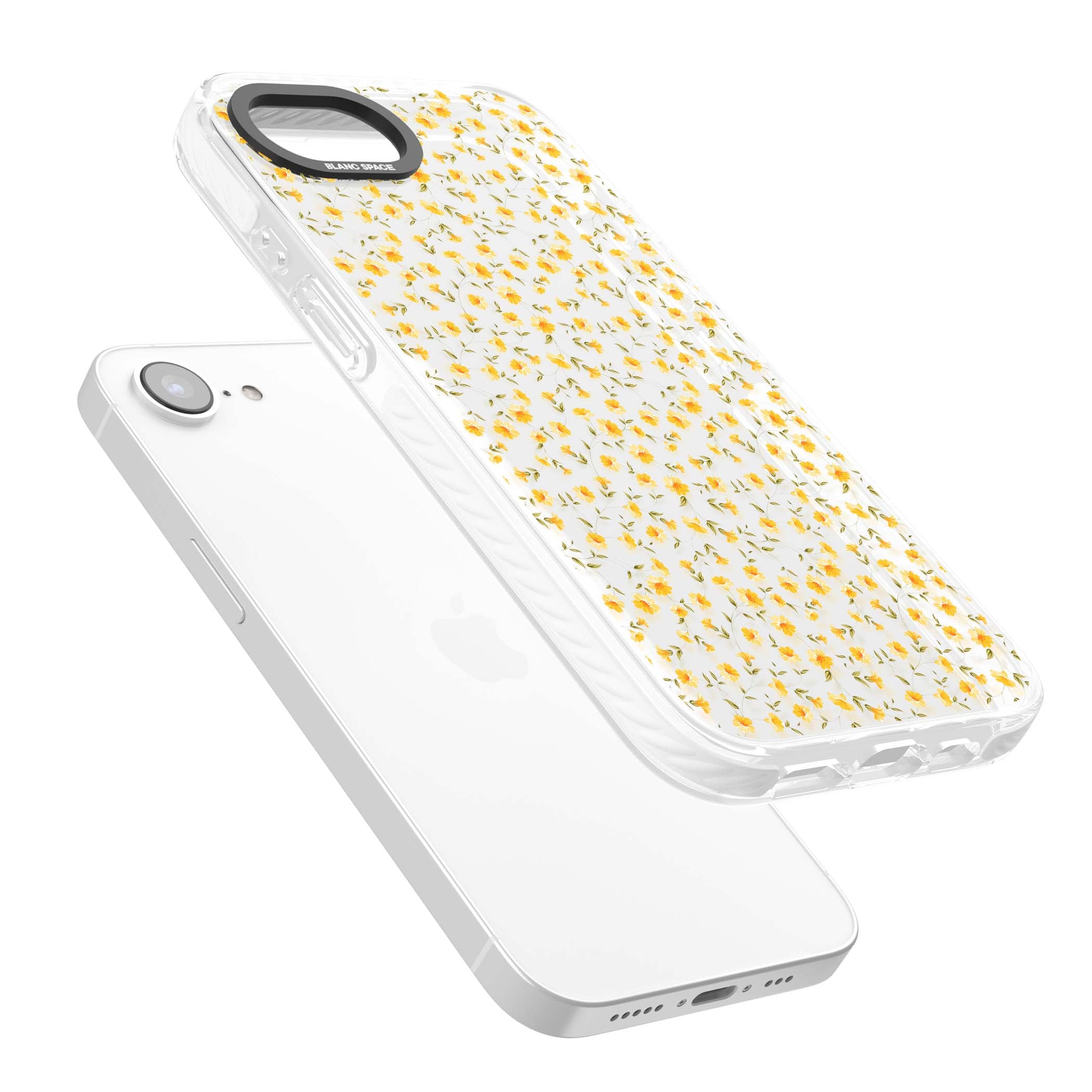 Buttercup wildflower iPhone case featuring tiny yellow flowers and trailing green vines on clear | Clear Impact case for iPhone 16e, iPhone 17e