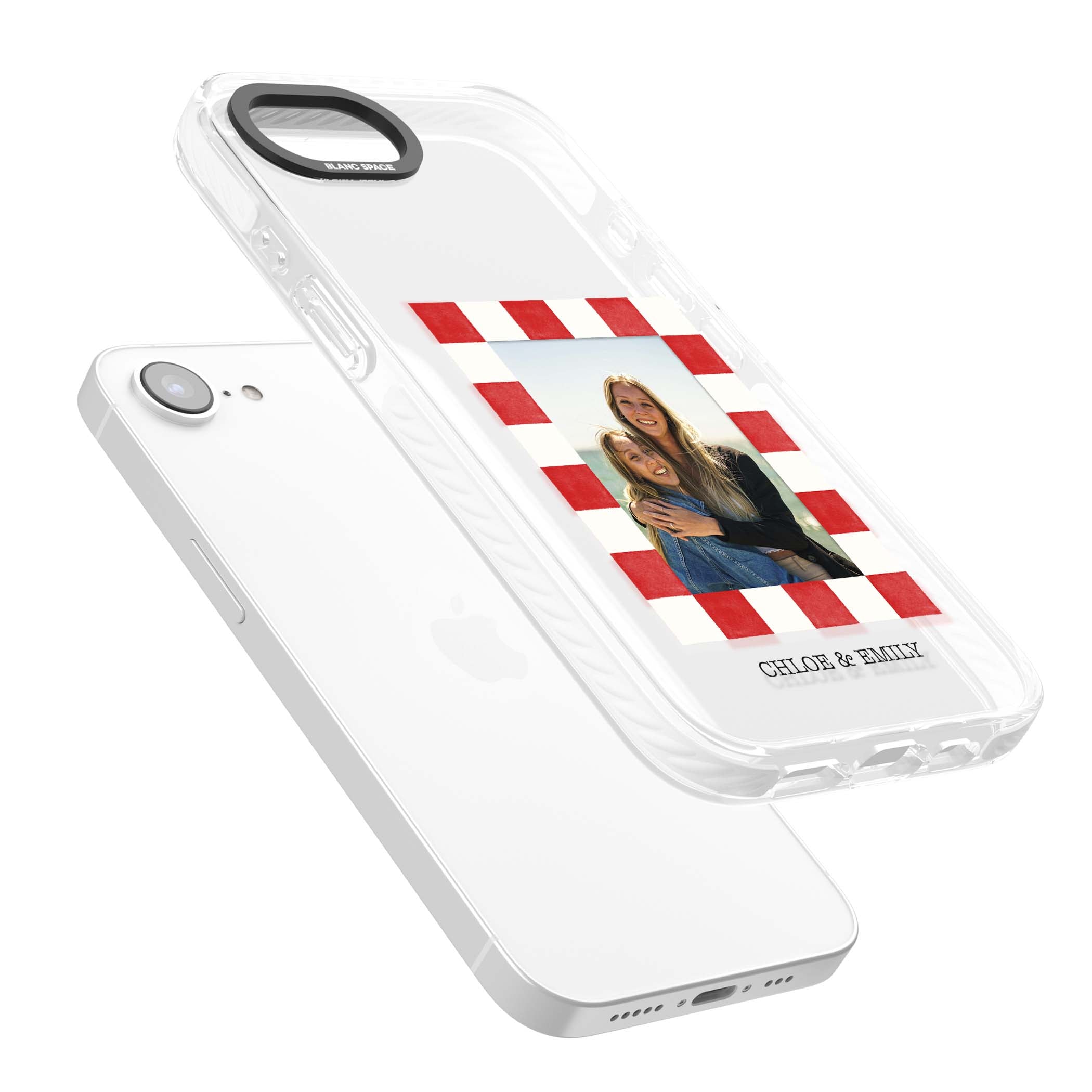 Red Check Photo personalised photo iPhone case with red and white checkered polaroid frame and custom couple name | Clear Impact case for iPhone 16e, iPhone 17e