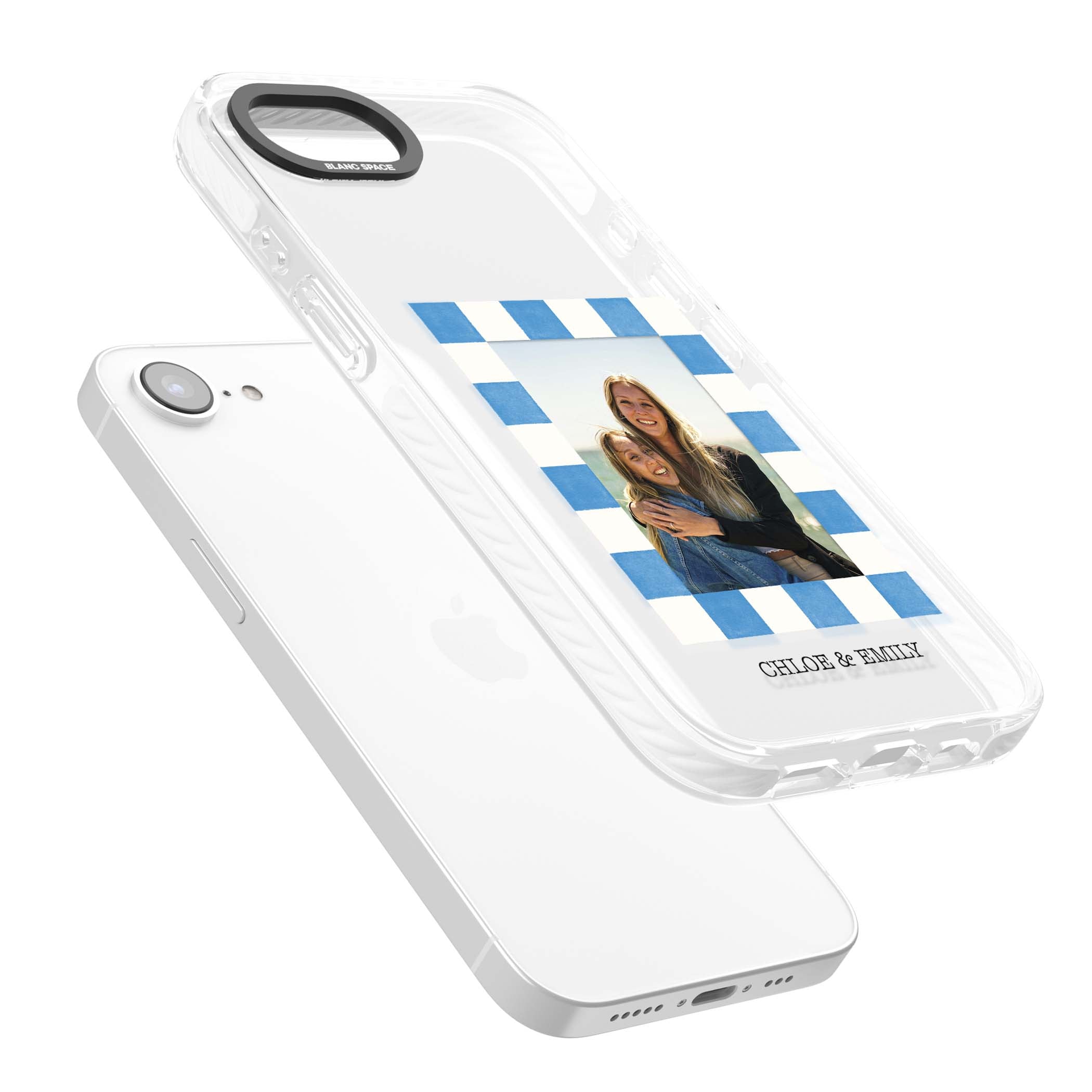 Blue Check Photo personalised photo iPhone case with blue checkered frame and custom couple names | Clear Impact case for iPhone 16e, iPhone 17e