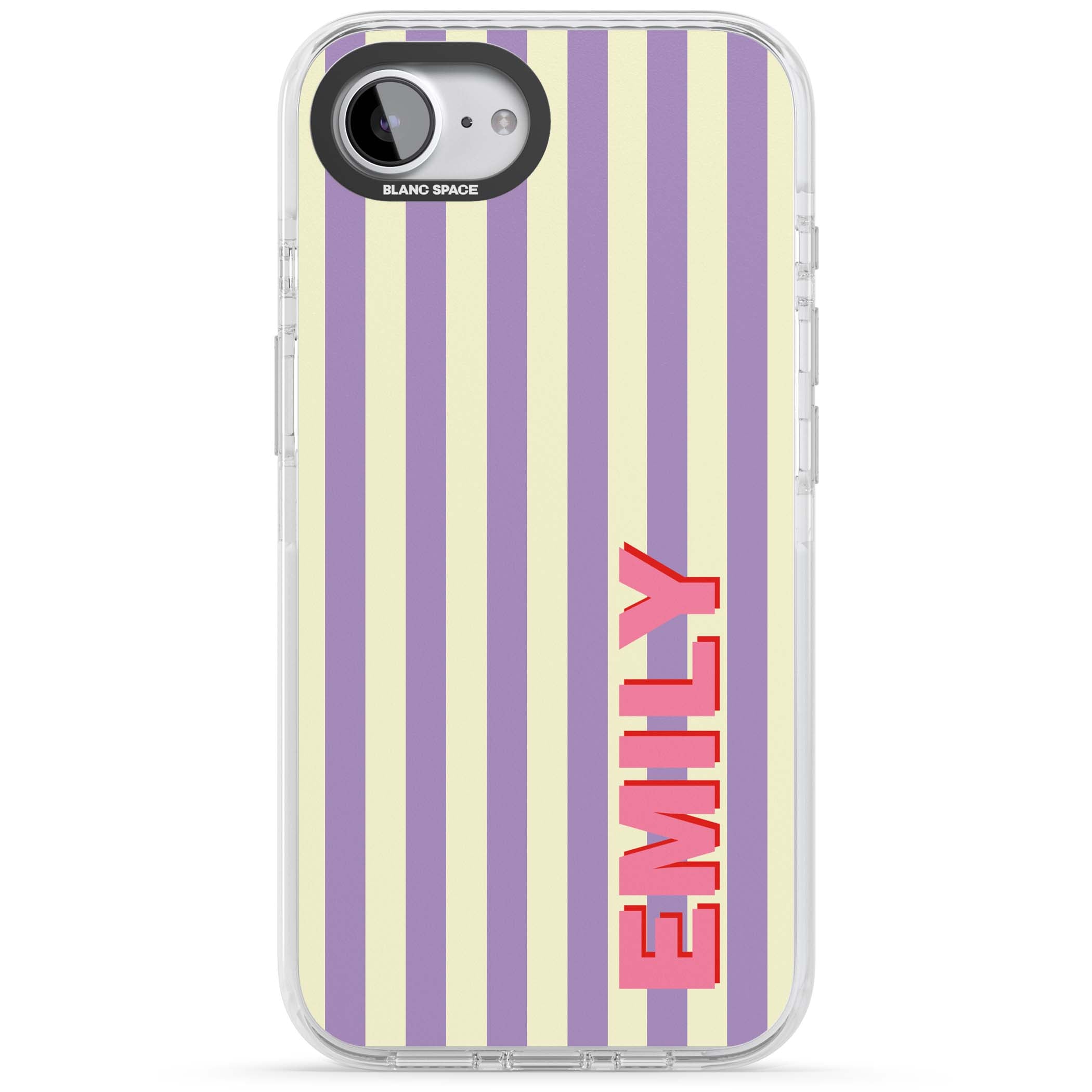Valensole Stripe personalised iPhone case with purple and cream vertical stripes and pink custom name | Clear Impact case for iPhone 16e, iPhone 17e
