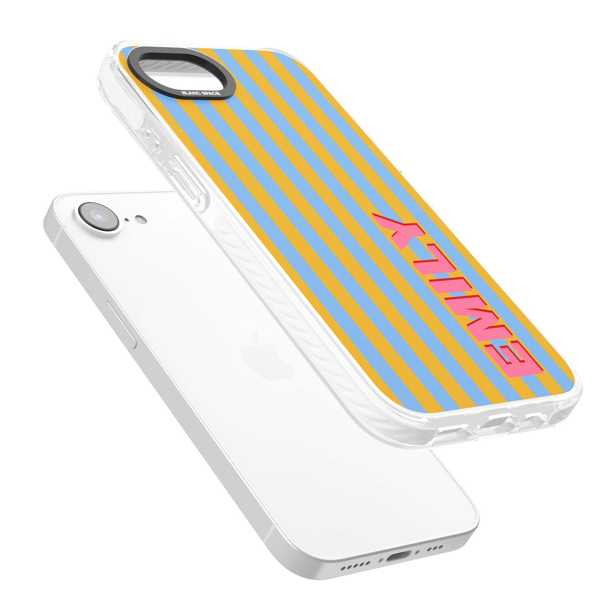 Carribean Stripe personalised coastal iPhone case with yellow and blue vertical stripes and a custom pink name | Clear Impact case for iPhone 16e, iPhone 17e