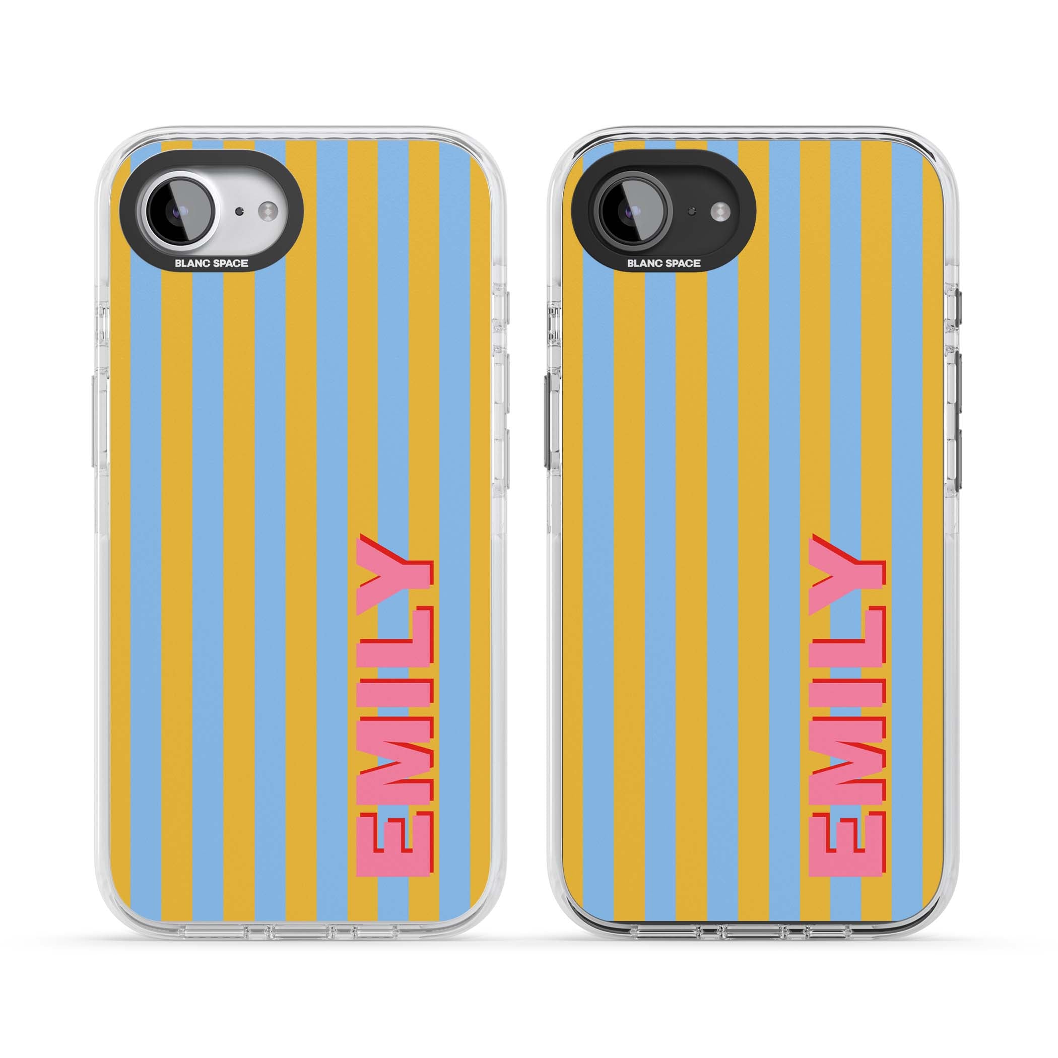 Carribean Stripe personalised coastal iPhone case with yellow and blue vertical stripes and a custom pink name | Clear Impact case for iPhone 16e, iPhone 17e