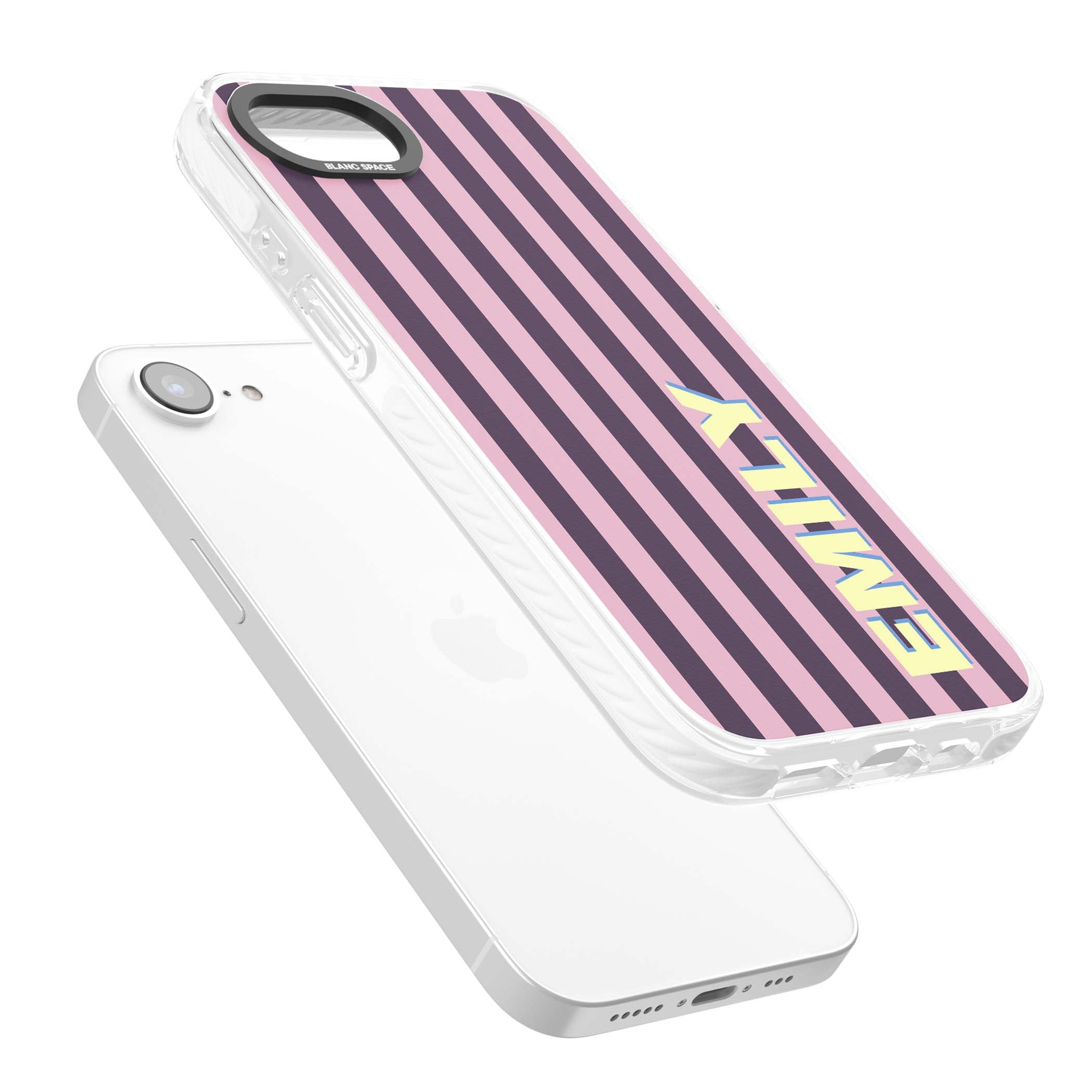 Tyre Stripe personalised stripe iPhone case with plum and pink vertical stripes and custom yellow name | Clear Impact case for iPhone 16e, iPhone 17e