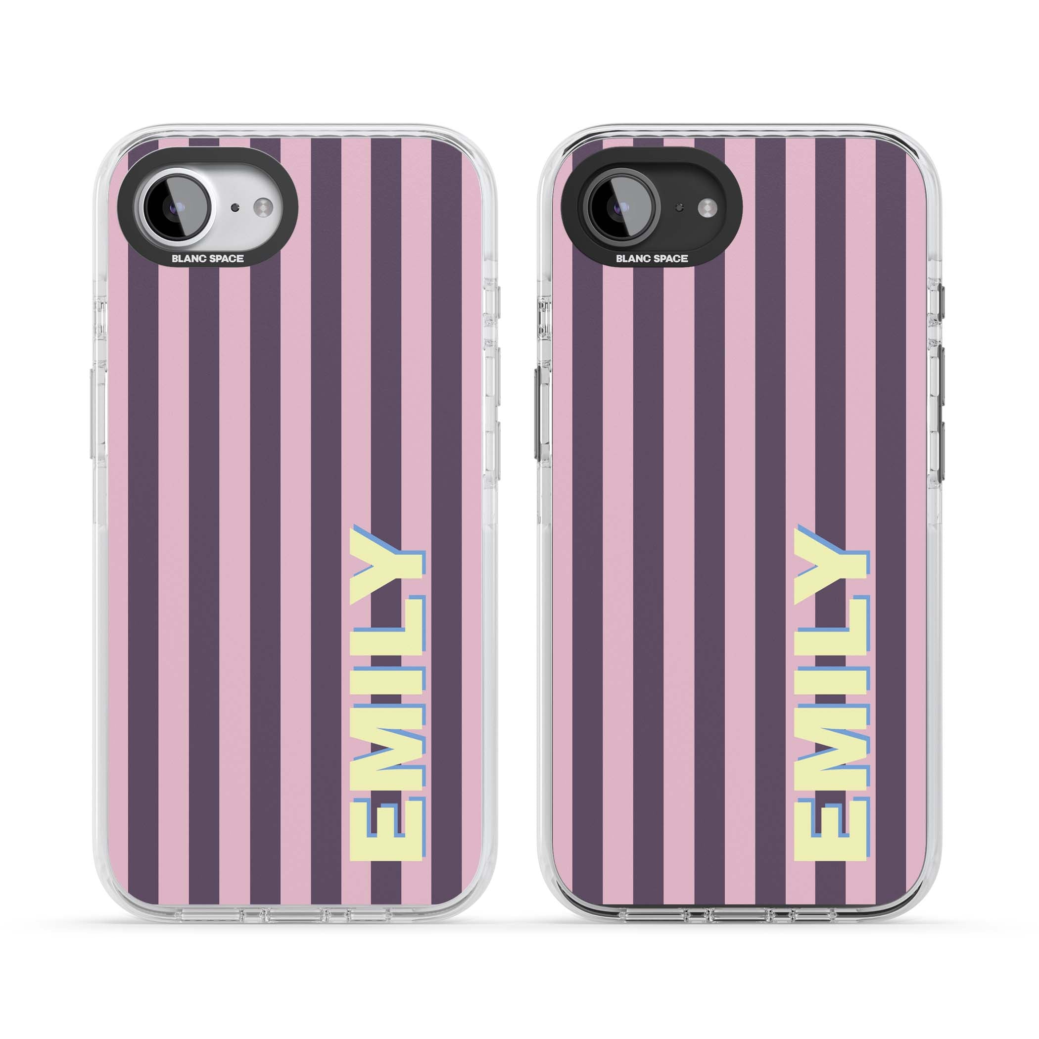 Tyre Stripe personalised stripe iPhone case with plum and pink vertical stripes and custom yellow name | Clear Impact case for iPhone 16e, iPhone 17e