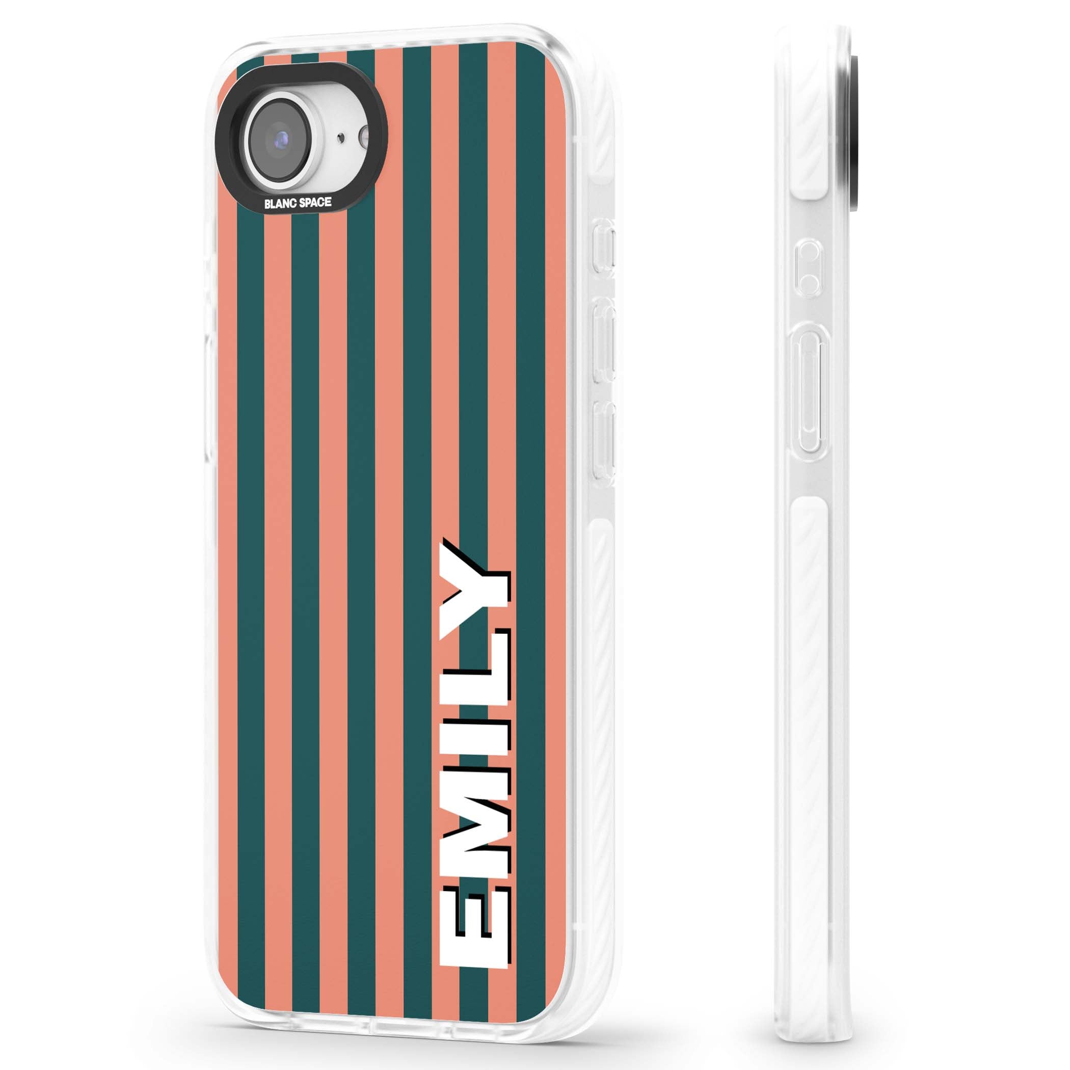 Tuscan Stripe personalised iPhone case featuring coral and green vertical stripes with bold custom name | Clear Impact case for iPhone 16e, iPhone 17e
