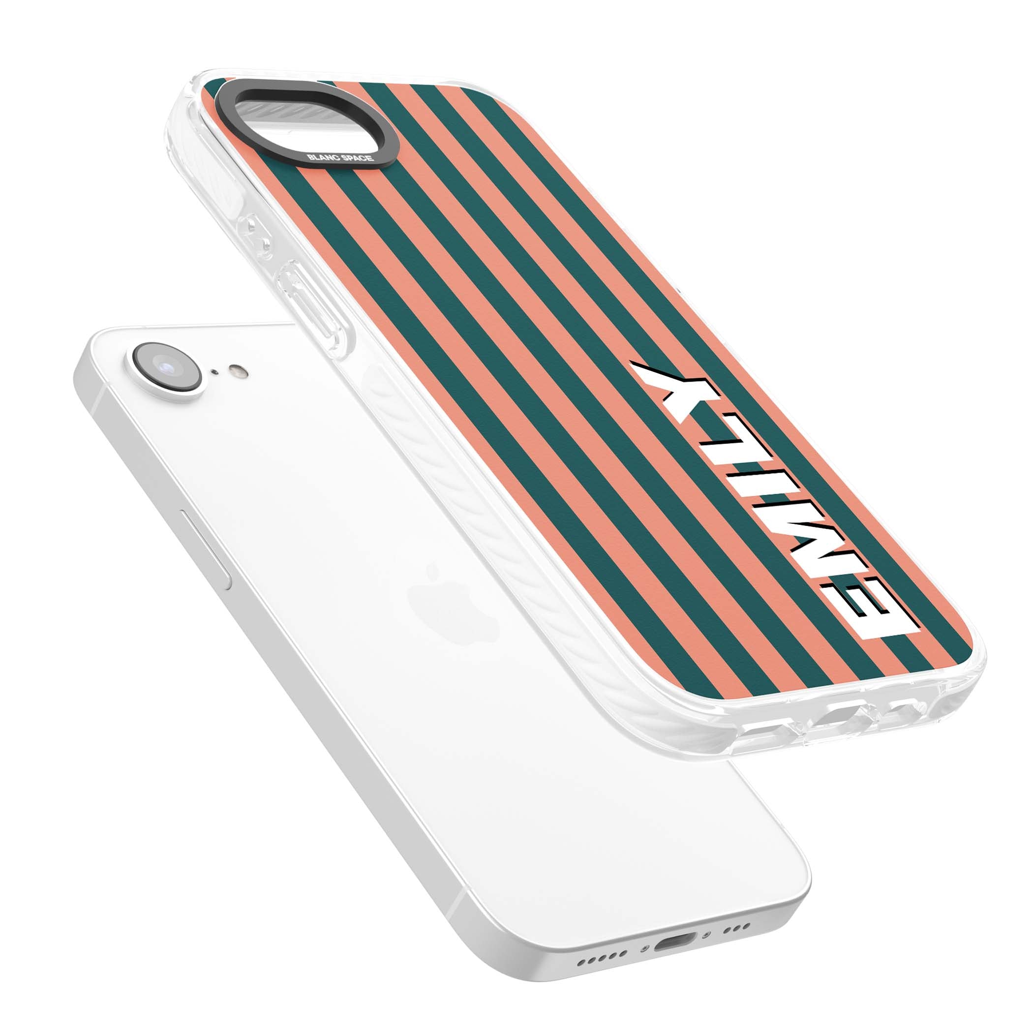 Tuscan Stripe personalised iPhone case featuring coral and green vertical stripes with bold custom name | Clear Impact case for iPhone 16e, iPhone 17e