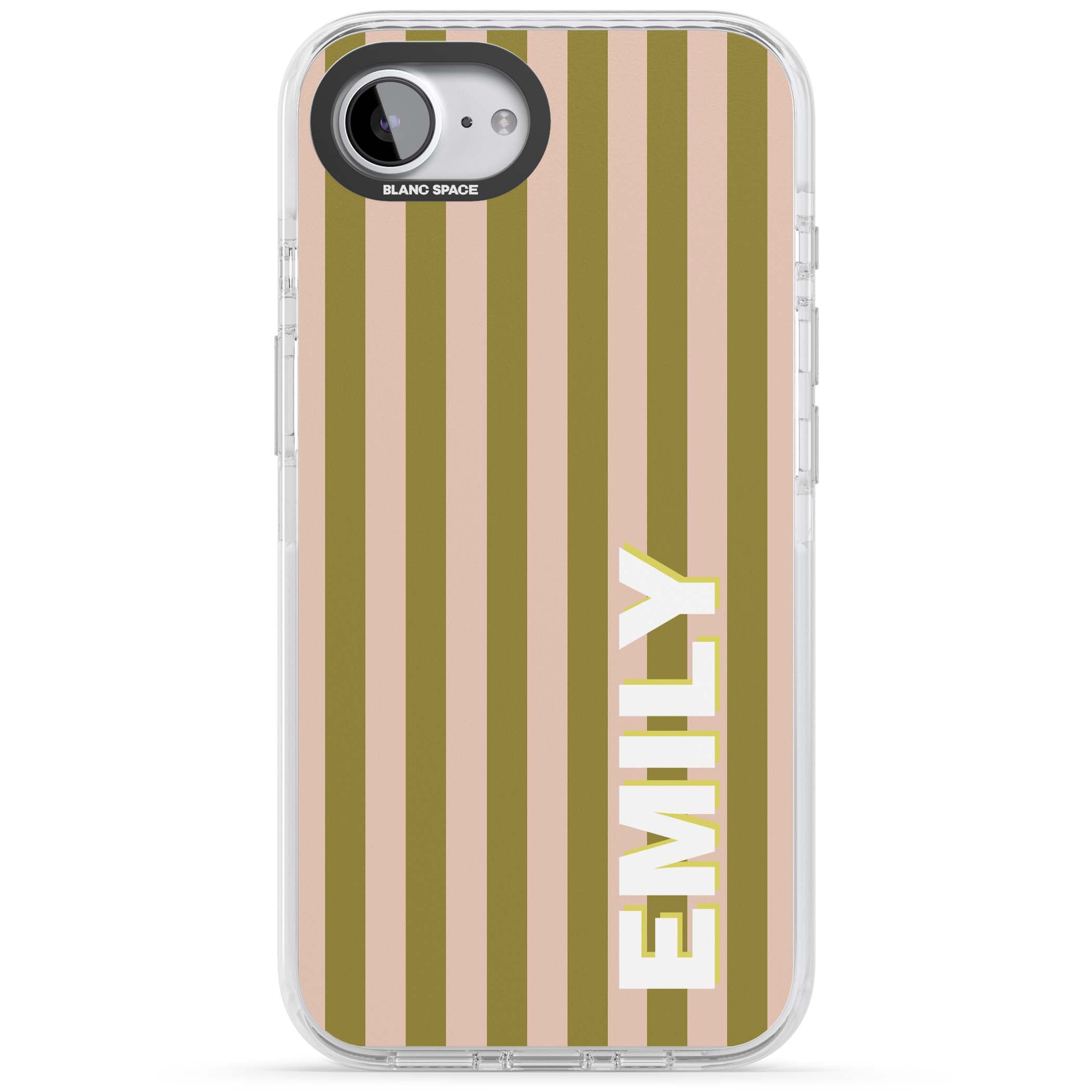 Indian Stripe personalised iPhone case featuring olive green and blush pink vertical stripes with custom name in whit | Clear Impact case for iPhone 16e, iPhone 17e