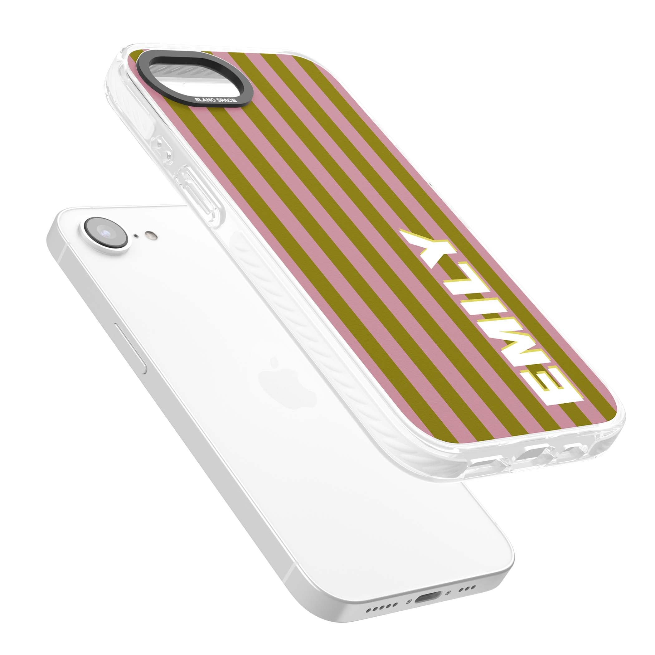 Istanbul Stripe personalised iPhone case featuring pink and olive green vertical stripes with a custom vertical name | Clear Impact case for iPhone 16e, iPhone 17e