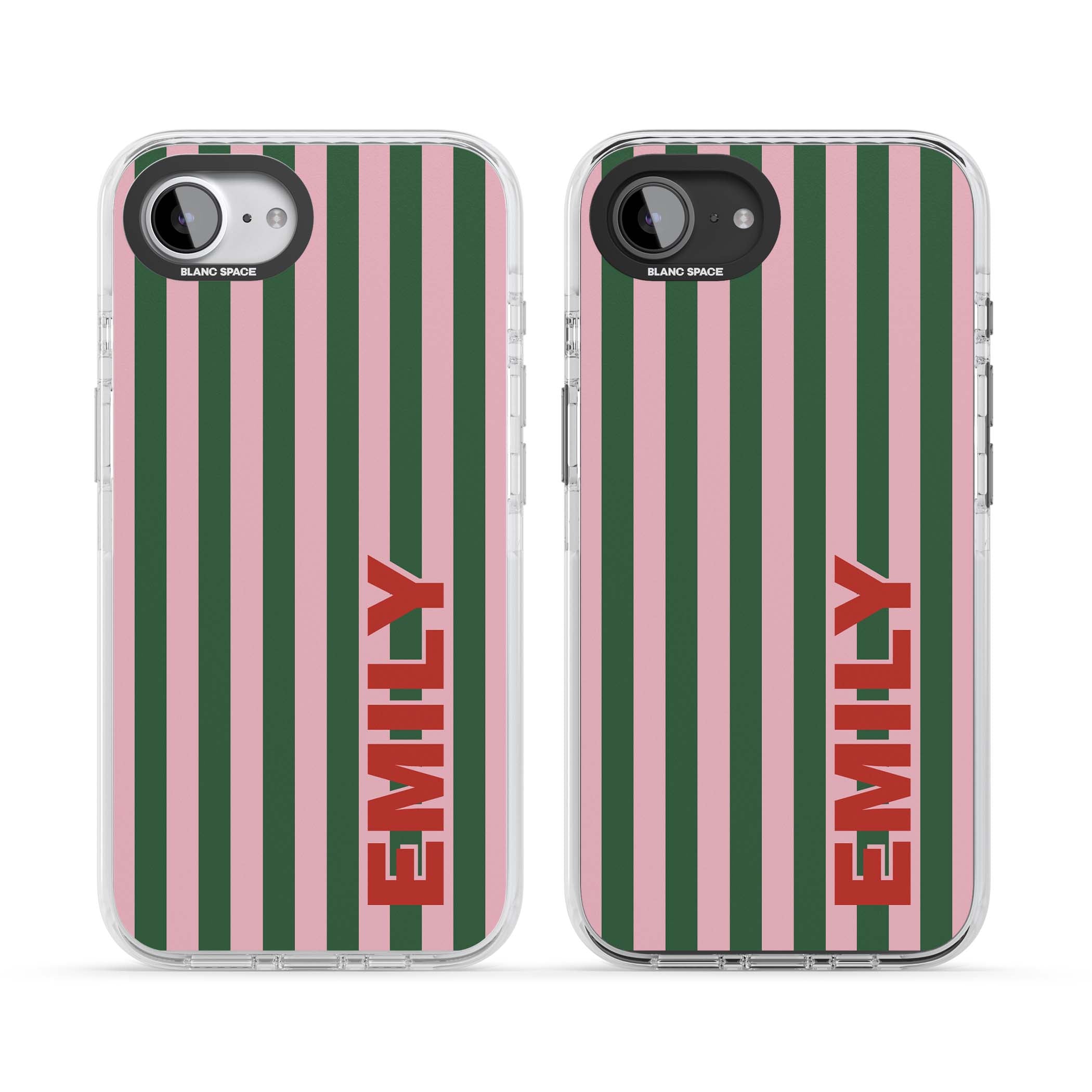 Italian Stripe preppy iPhone case featuring pink and green vertical stripes with personalised red name | Clear Impact case for iPhone 16e, iPhone 17e