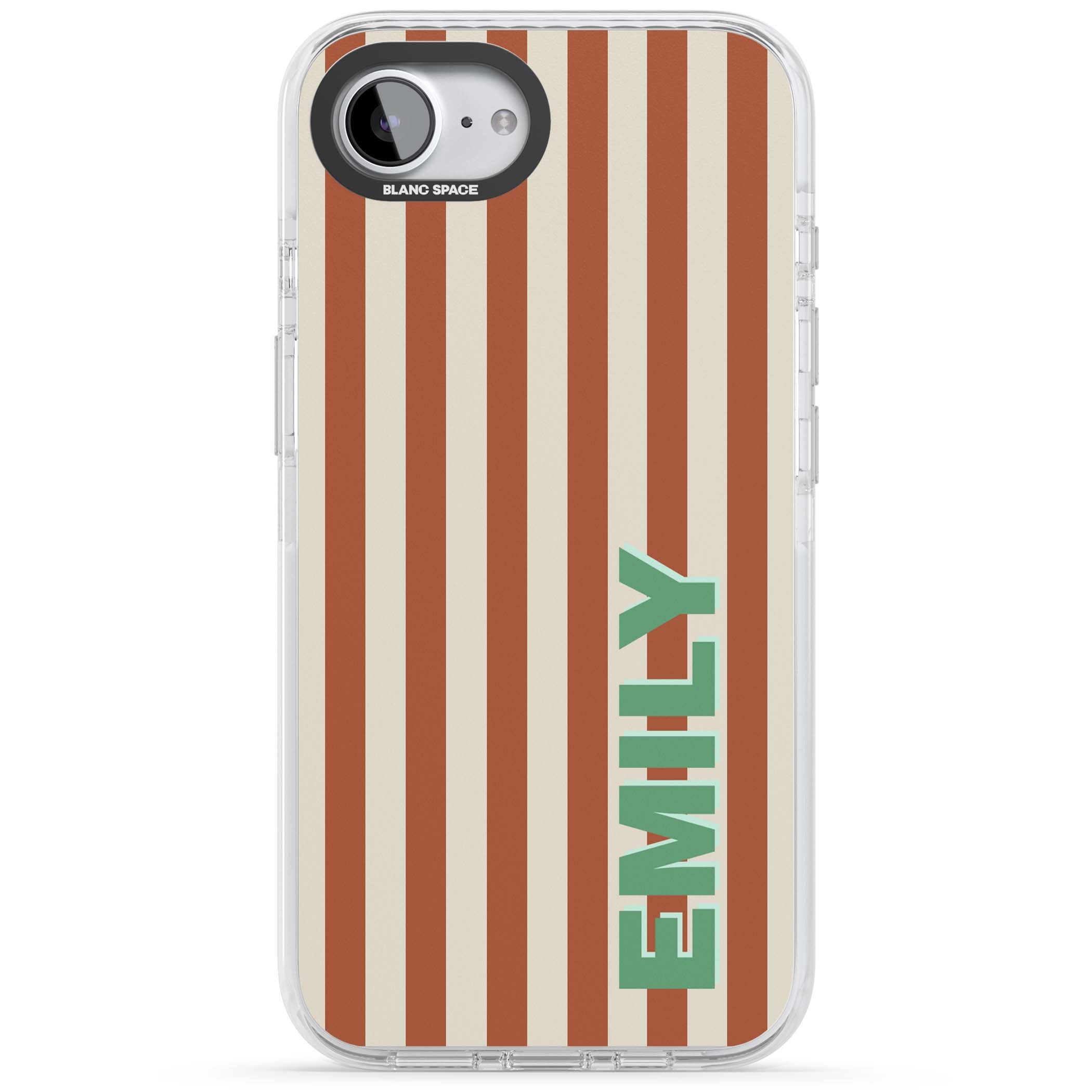 Dune Stripe personalised iPhone case with rust and cream vertical stripes and custom name in mint green | Clear Impact case for iPhone 16e, iPhone 17e