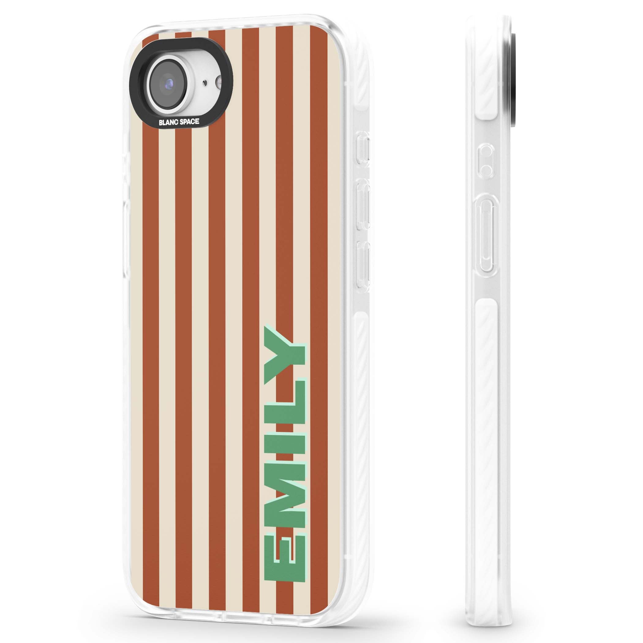 Dune Stripe personalised iPhone case with rust and cream vertical stripes and custom name in mint green | Clear Impact case for iPhone 16e, iPhone 17e