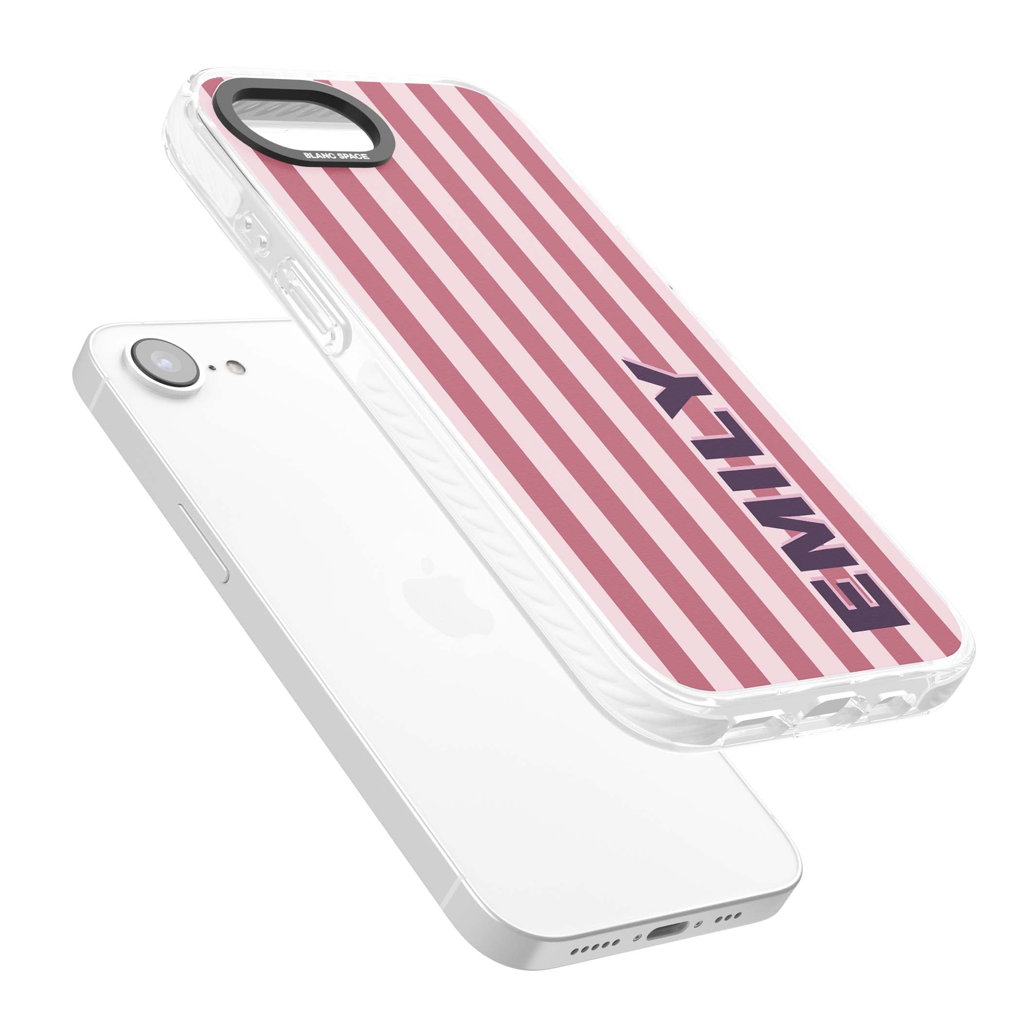 Victoria Stripe personalised iPhone case featuring pink vertical stripes and custom name in bold plum lettering | Clear Impact case for iPhone 16e, iPhone 17e