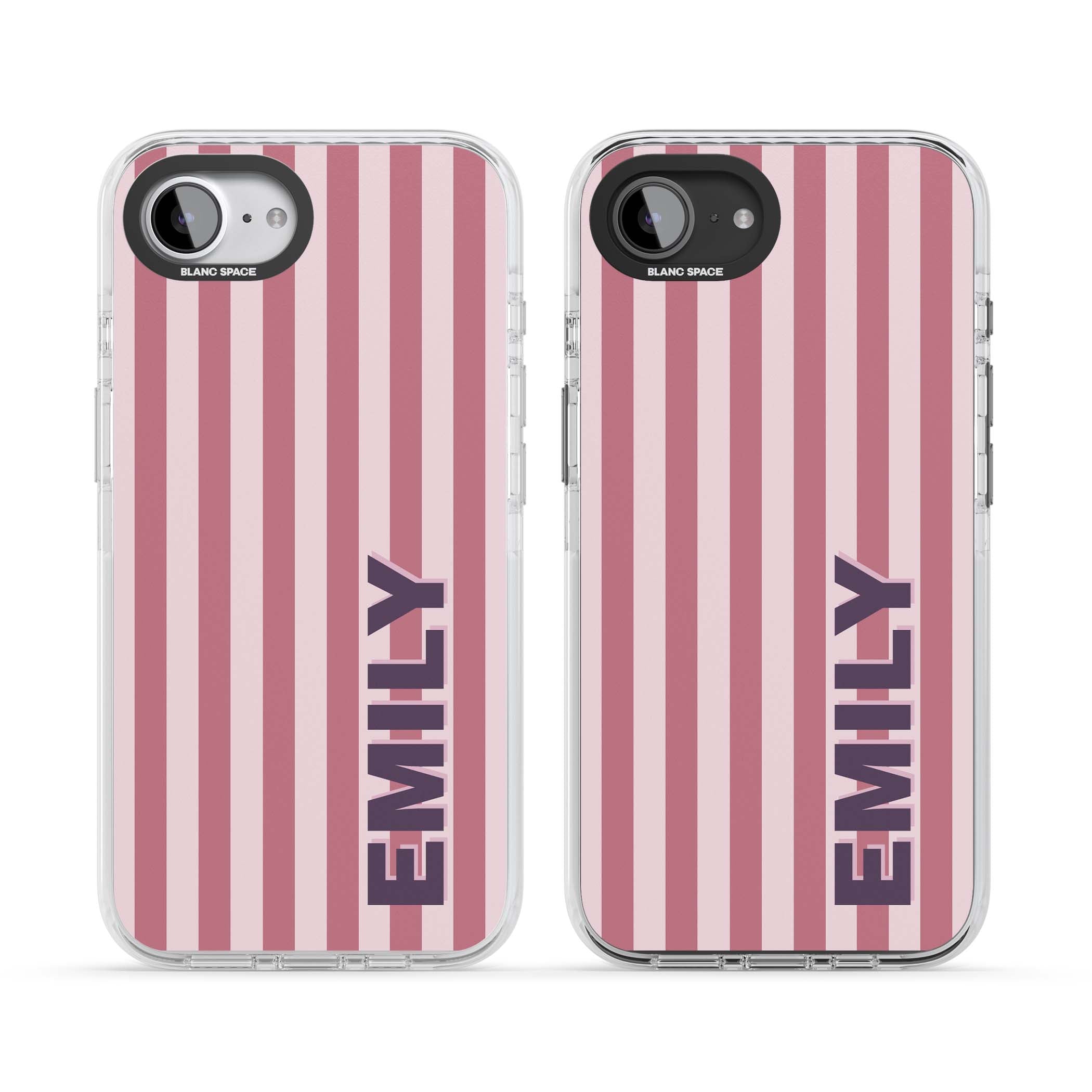 Victoria Stripe personalised iPhone case featuring pink vertical stripes and custom name in bold plum lettering | Clear Impact case for iPhone 16e, iPhone 17e