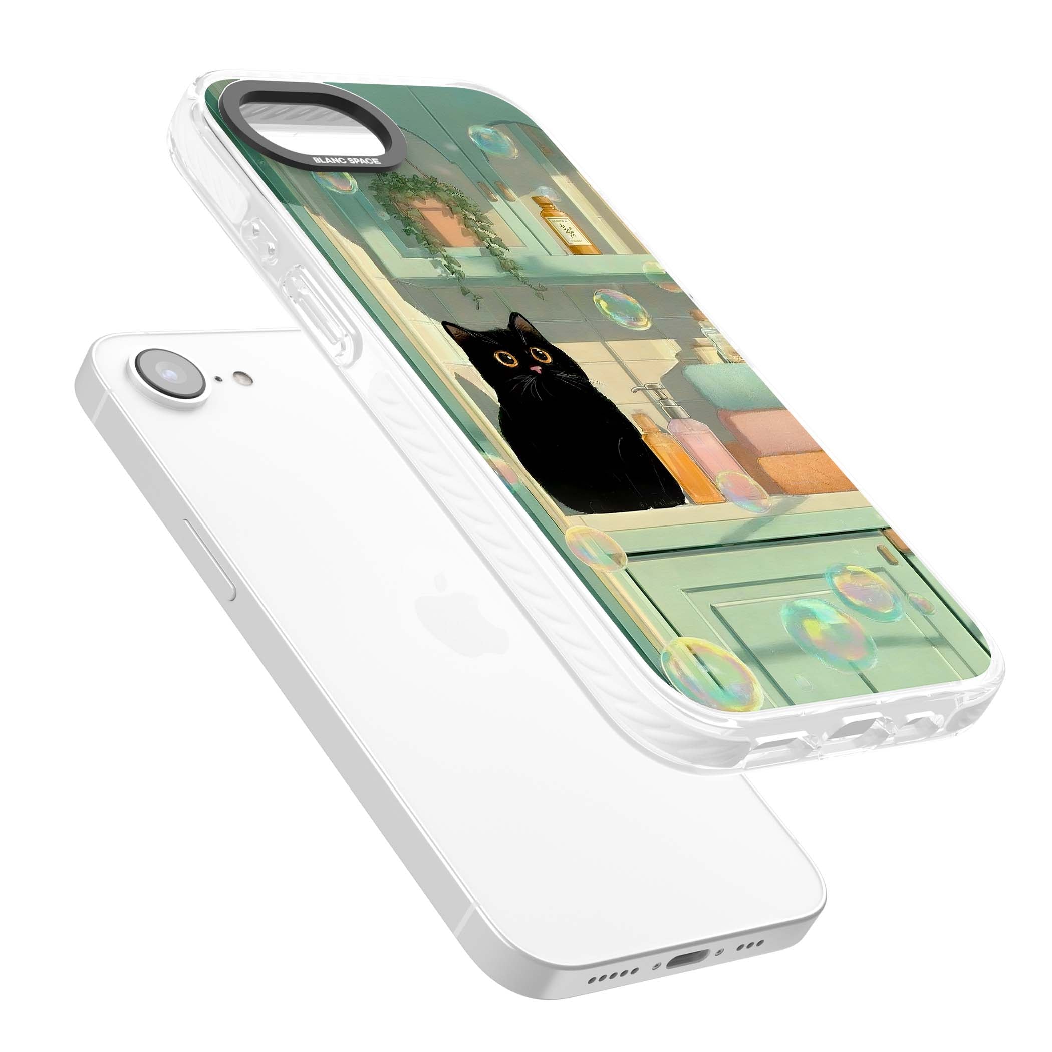Bathroom Bubble Kitty cottagecore iPhone case featuring a black cat, mint bathroom scene and floating soap bubbles | Clear Impact case for iPhone 16e, iPhone 17e