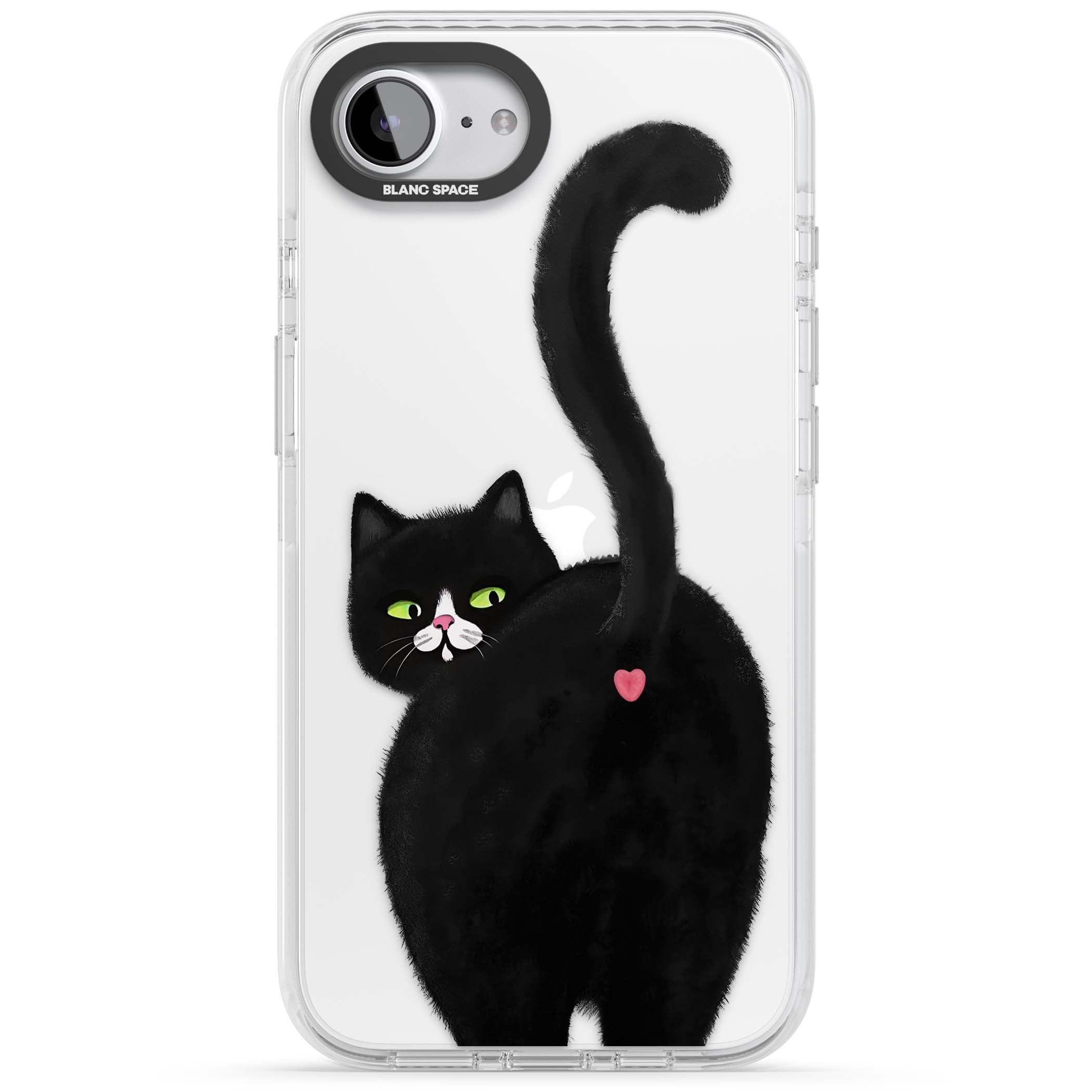 The Cat's Kiss cute cat iPhone case featuring a hand-painted tuxedo kitty with green eyes and a pink heart on a clear  | Clear Impact case for iPhone 16e, iPhone 17e