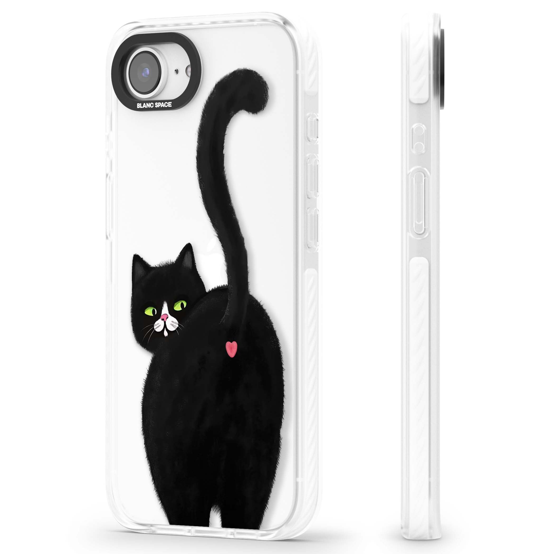 The Cat's Kiss cute cat iPhone case featuring a hand-painted tuxedo kitty with green eyes and a pink heart on a clear  | Clear Impact case for iPhone 16e, iPhone 17e