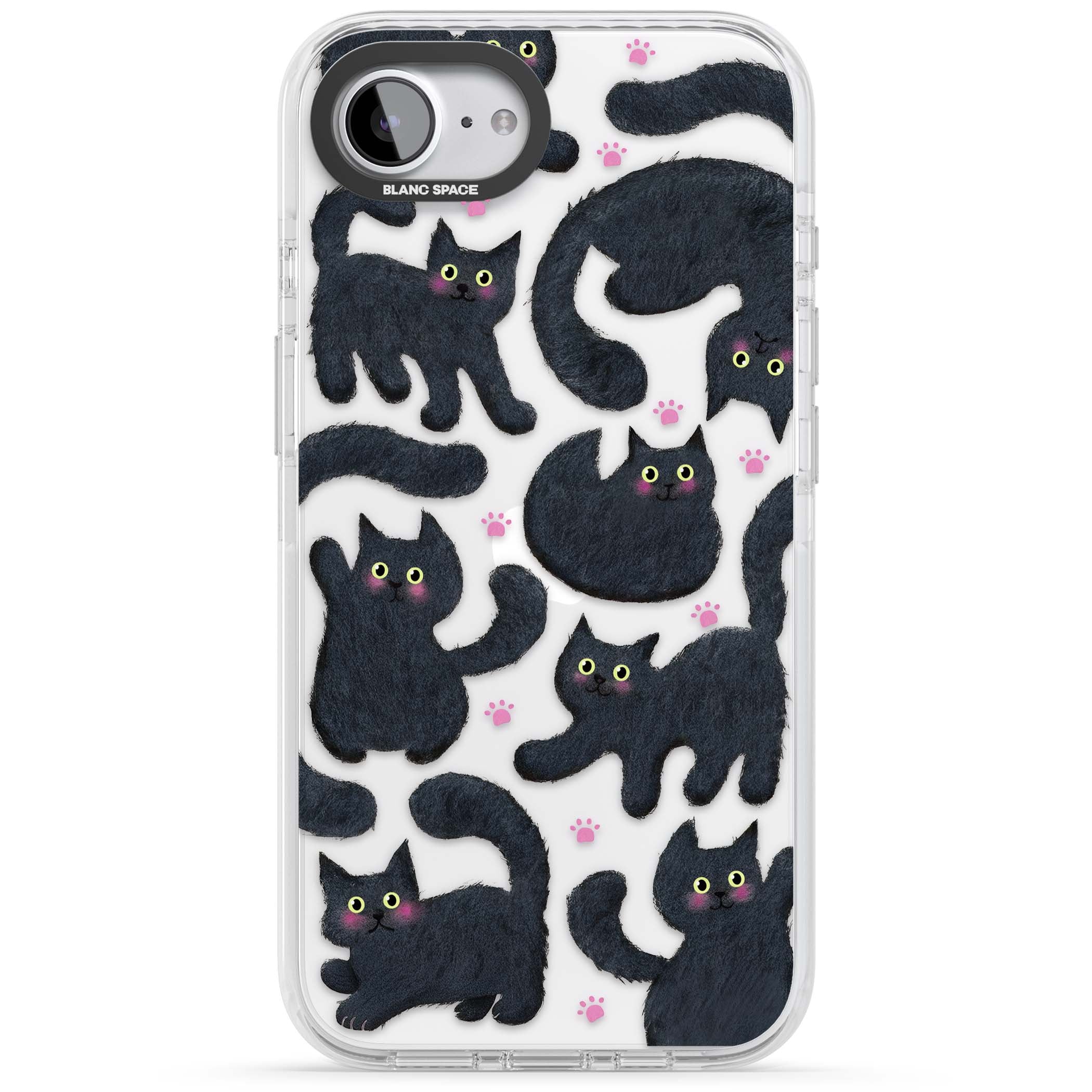 Midnight Cats cute iPhone case featuring black cat pattern with yellow eyes and pink paw prints | Clear Impact case for iPhone 16e, iPhone 17e