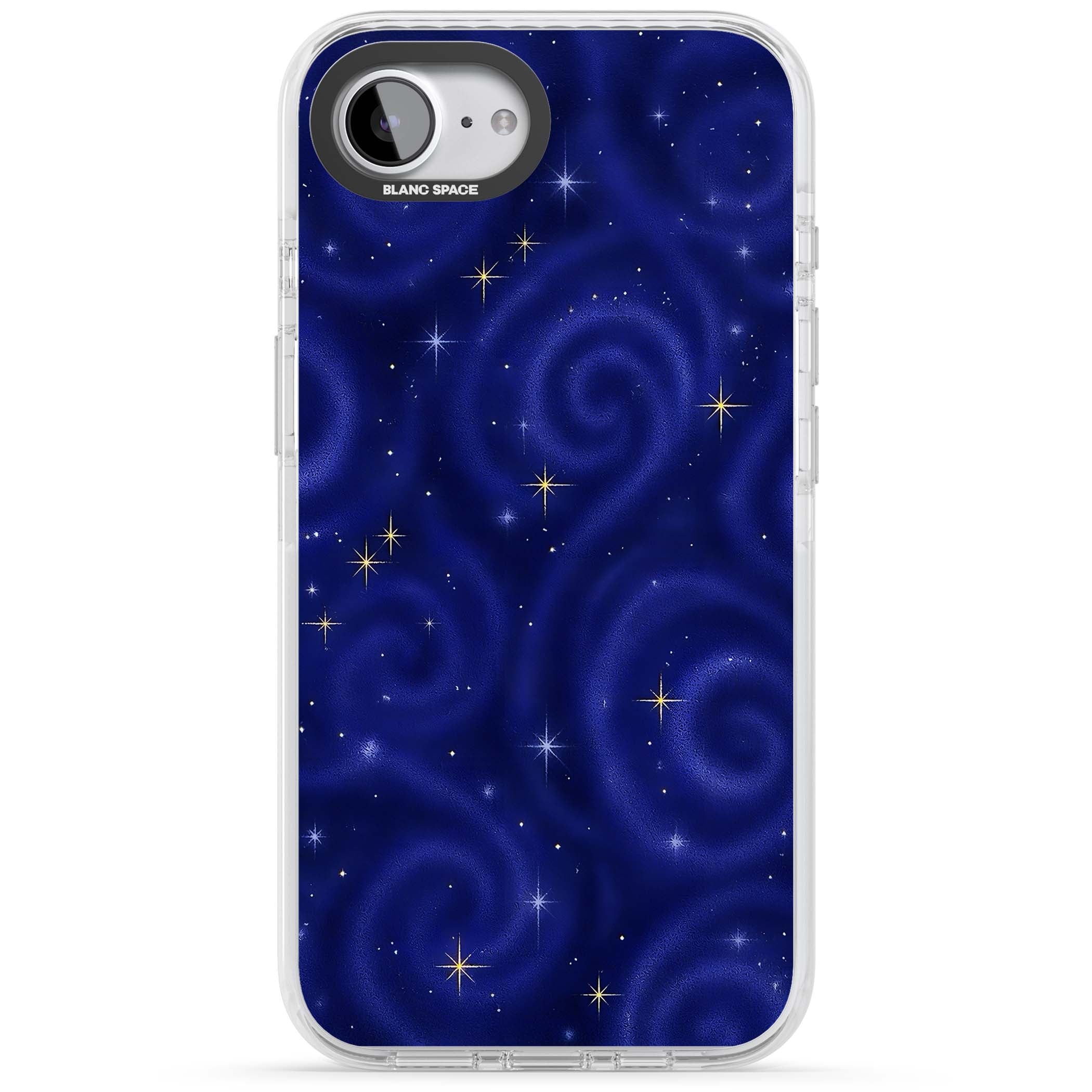 Indigo Cosmos celestial iPhone case featuring swirling navy night sky and sparkling golden stars | Clear Impact case for iPhone 16e, iPhone 17e