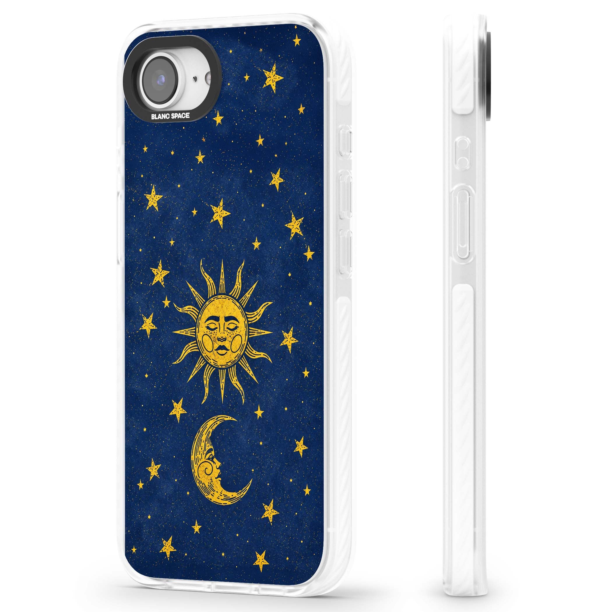 Sun & Moon Reverie celestial iPhone case featuring a vintage golden sun, crescent moon and scattered stars on midnight blue | Clear Impact case for iPhone 16e, iPhone 17e