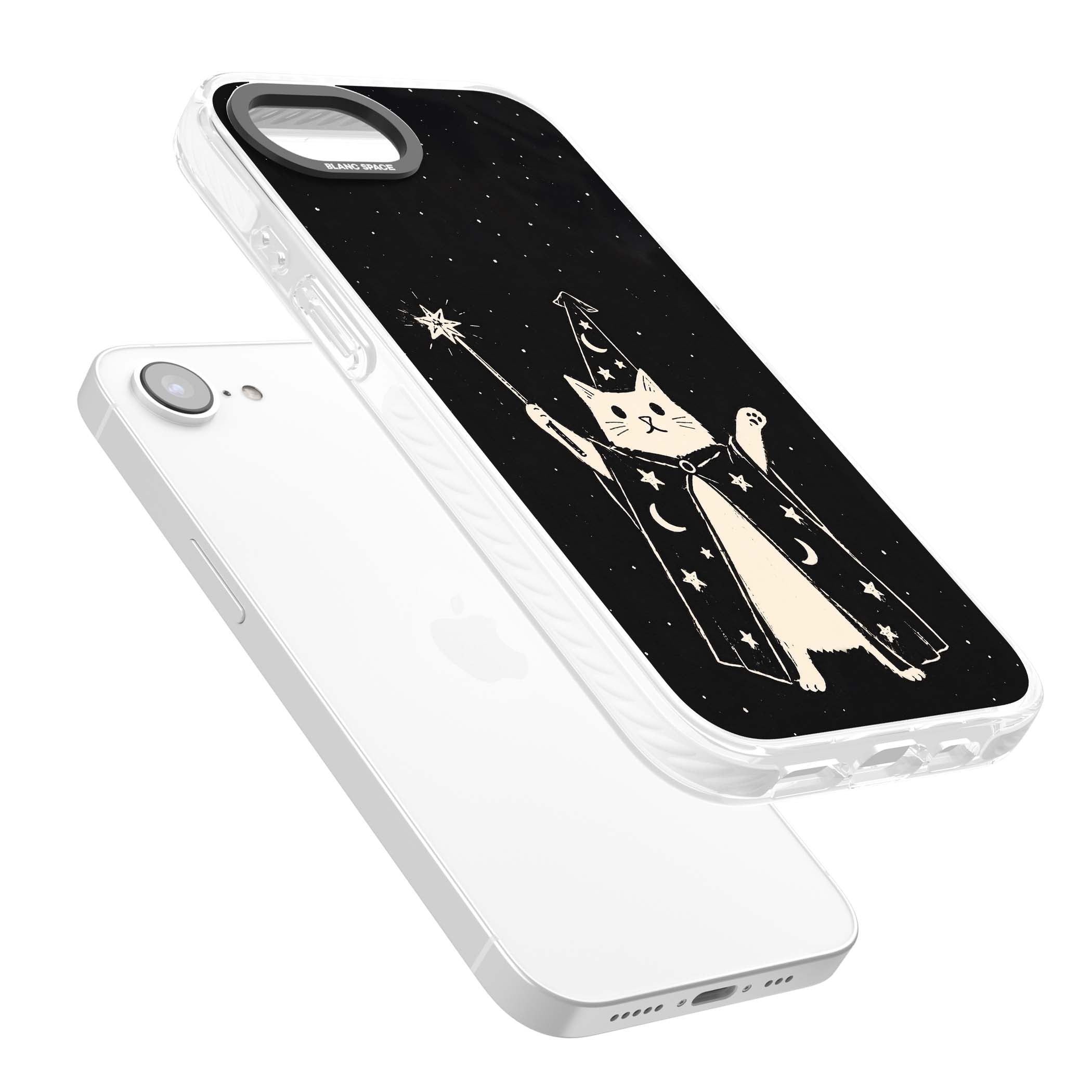 Whisker Wizard celestial cat iPhone case featuring a wizard cat with magic wand, starry night sky and crescent moons | Clear Impact case for iPhone 16e, iPhone 17e