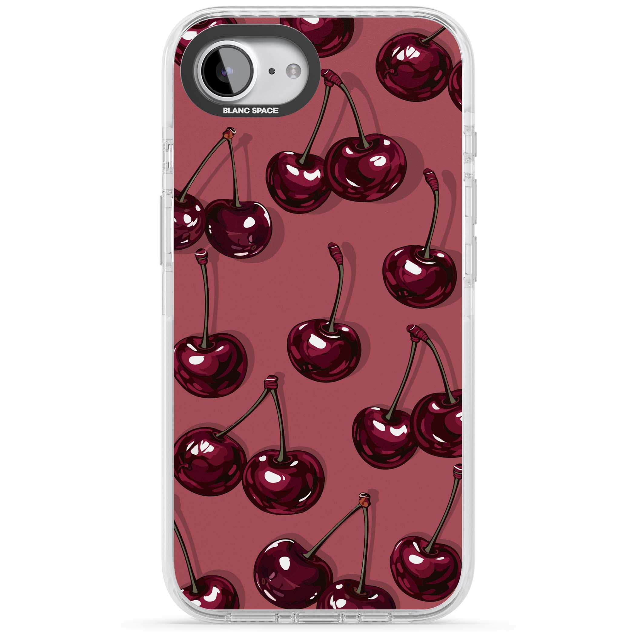 Cherry Rebel coquette iPhone case featuring glossy burgundy cherries on a dusty rose background | Clear Impact case for iPhone 16e, iPhone 17e