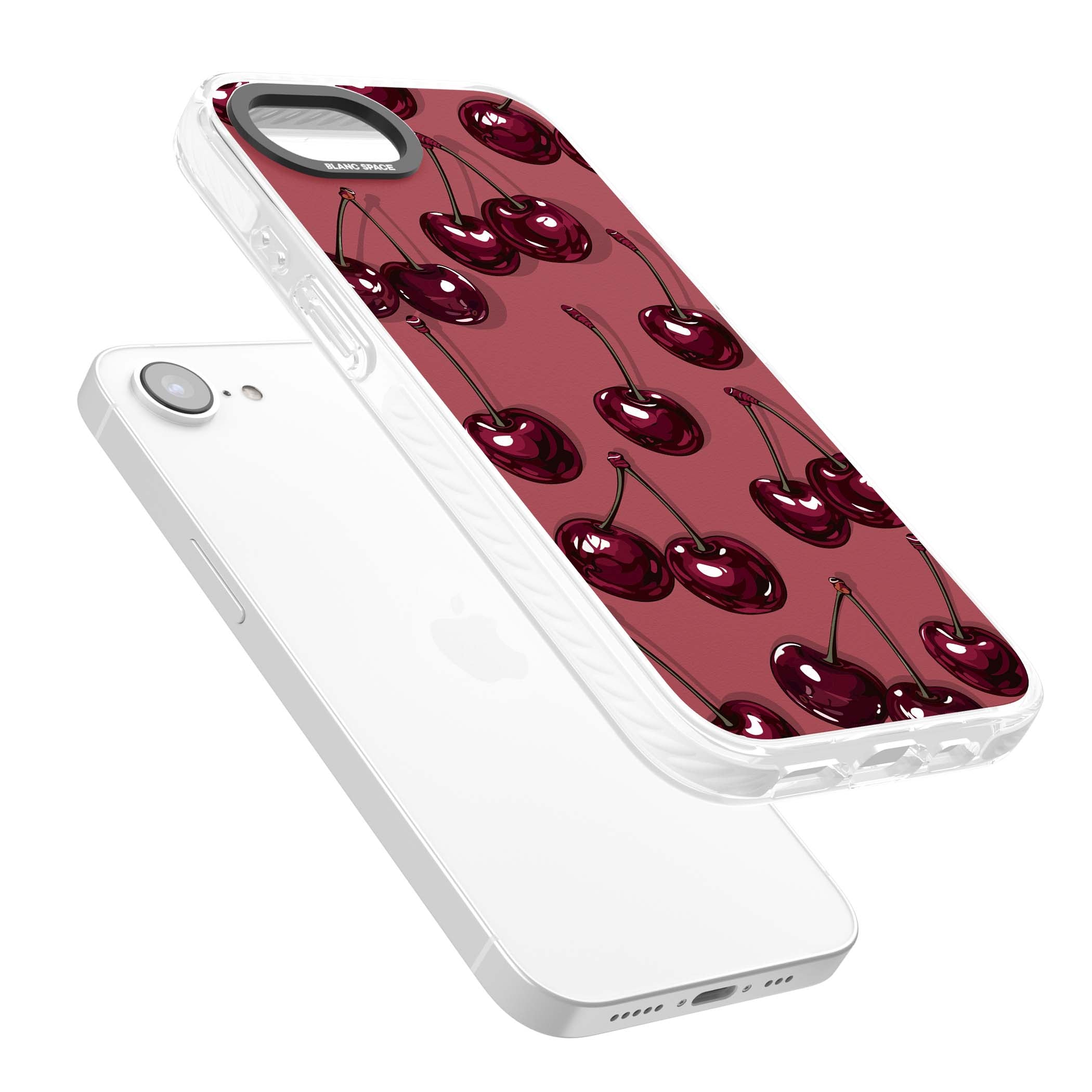 Cherry Rebel coquette iPhone case featuring glossy burgundy cherries on a dusty rose background | Clear Impact case for iPhone 16e, iPhone 17e