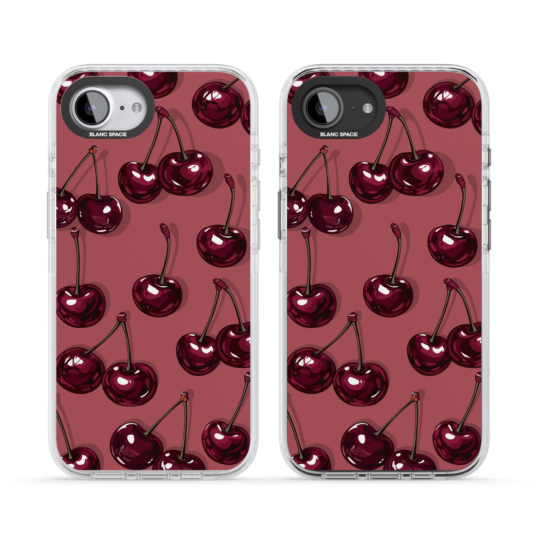 Cherry Rebel coquette iPhone case featuring glossy burgundy cherries on a dusty rose background | Clear Impact case for iPhone 16e, iPhone 17e