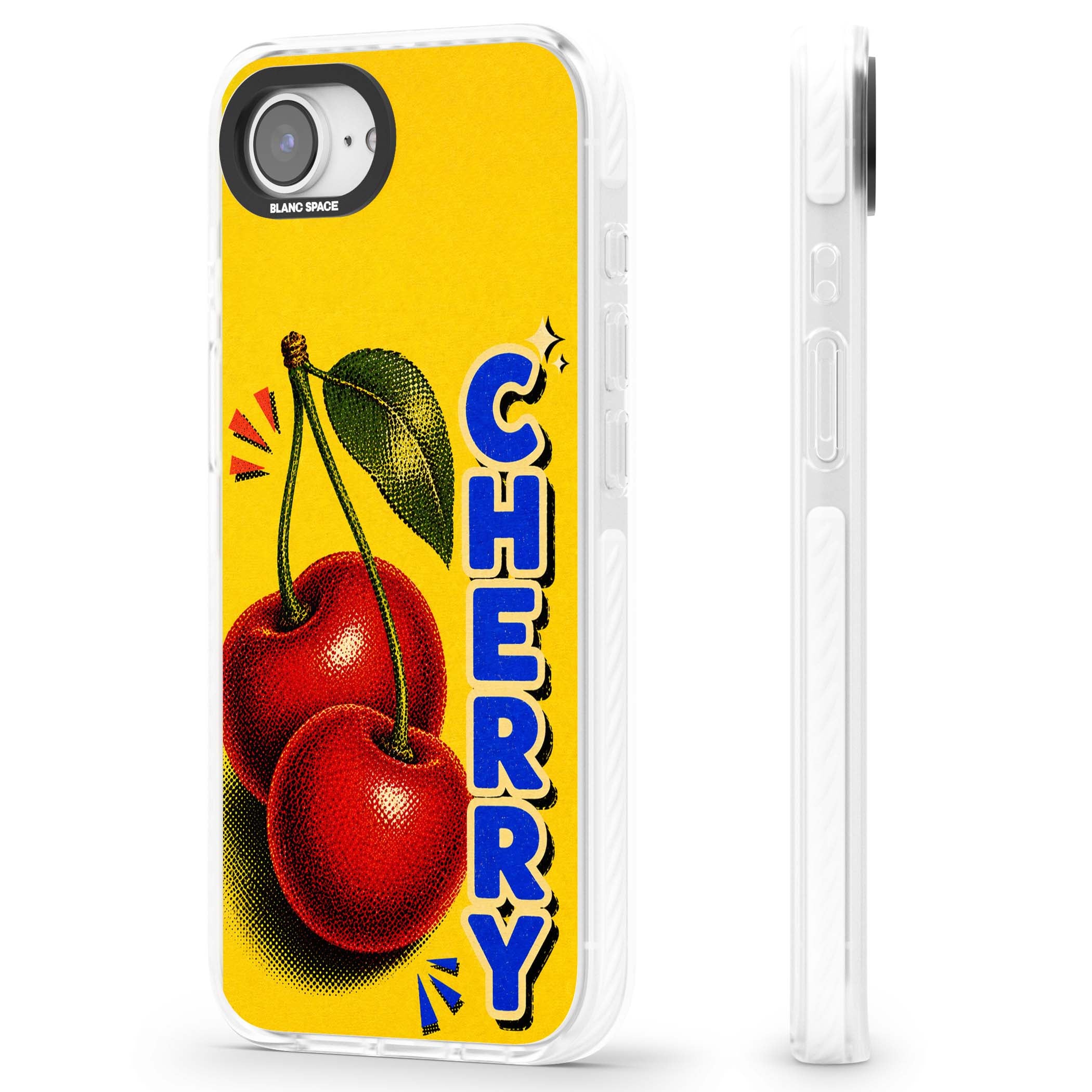 Cherry Yellow y2k iPhone case featuring two red cherries, halftone shading and bold blue CHERRY lettering on yellow | Clear Impact case for iPhone 16e, iPhone 17e