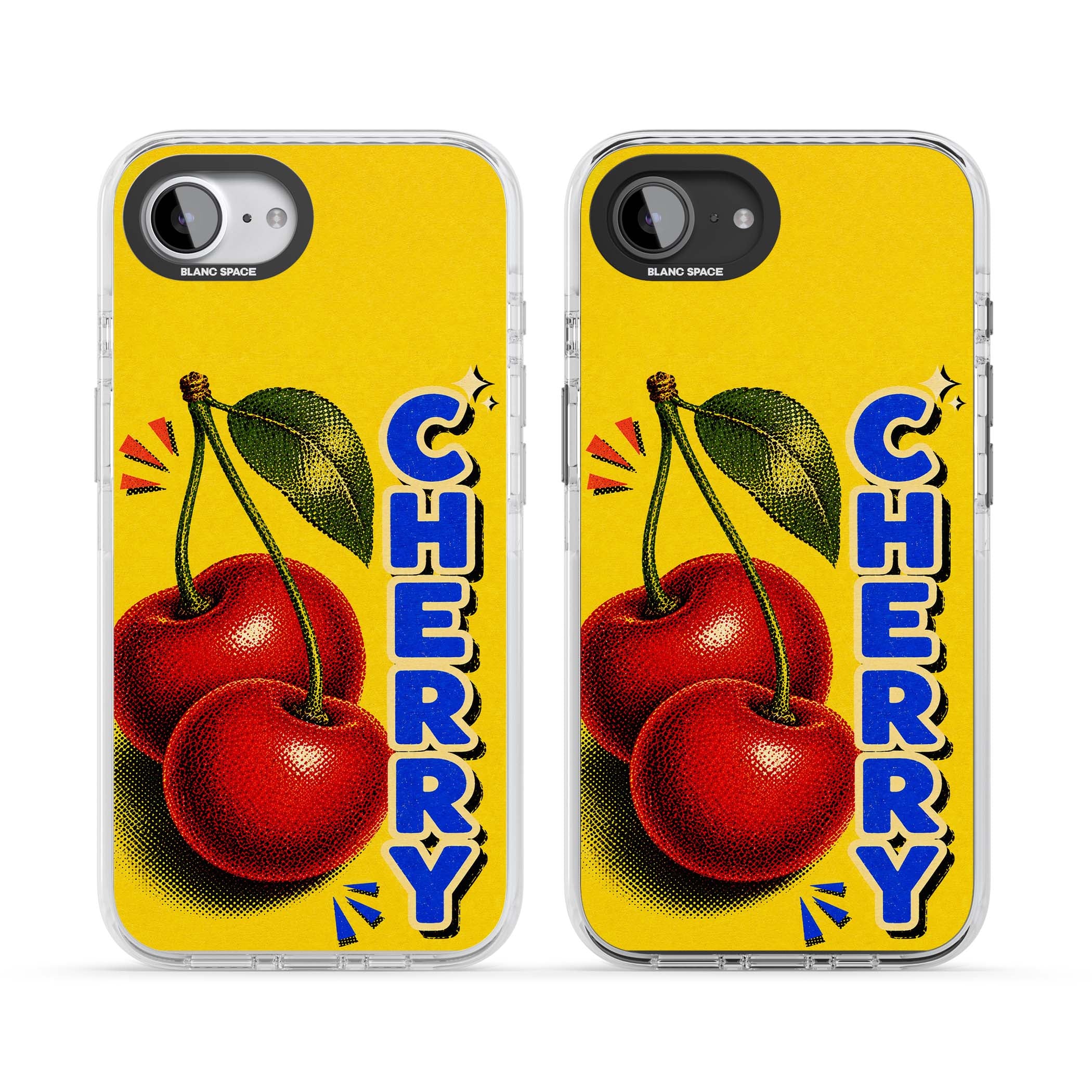 Cherry Yellow y2k iPhone case featuring two red cherries, halftone shading and bold blue CHERRY lettering on yellow | Clear Impact case for iPhone 16e, iPhone 17e