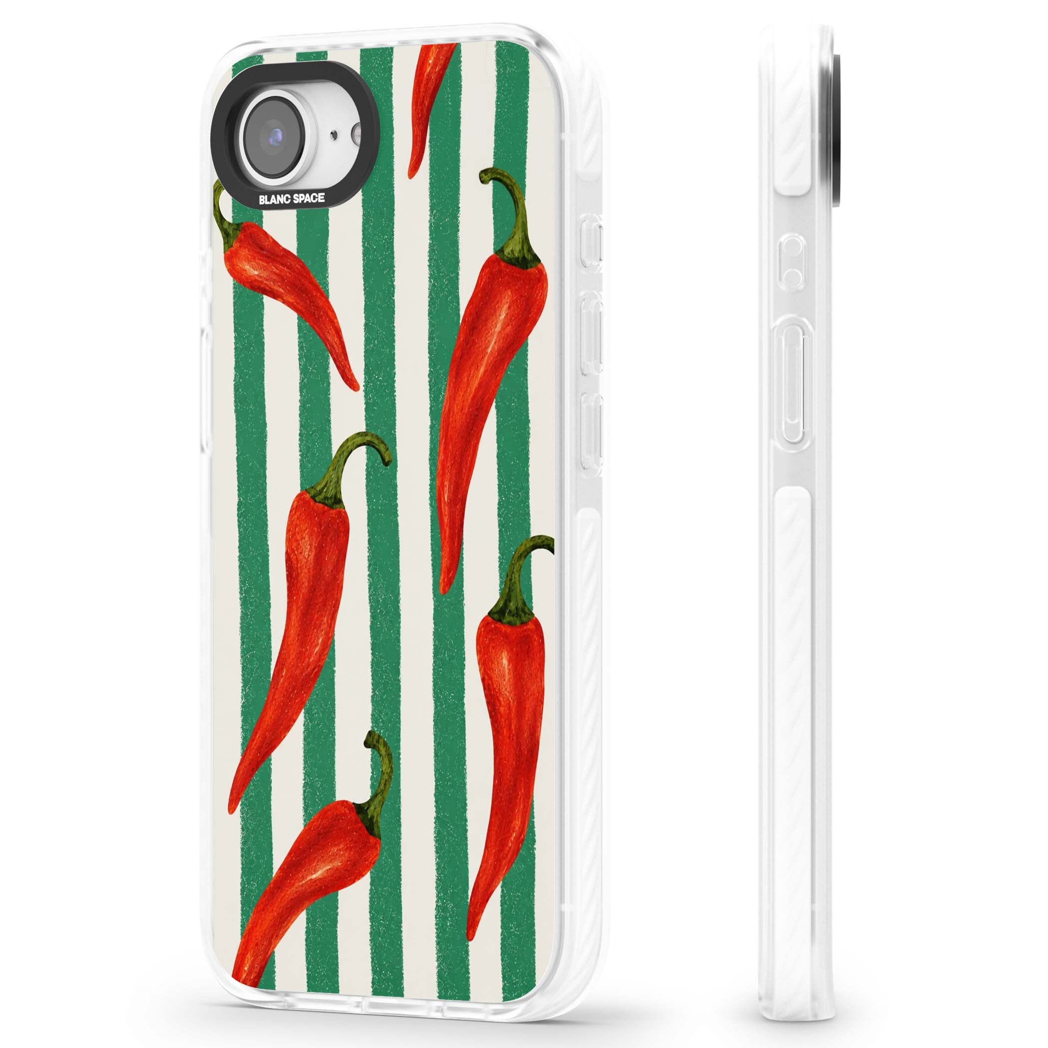 Striped Chillis coastal iPhone case featuring hand-painted red chili peppers on green and cream stripes | Clear Impact case for iPhone 16e, iPhone 17e