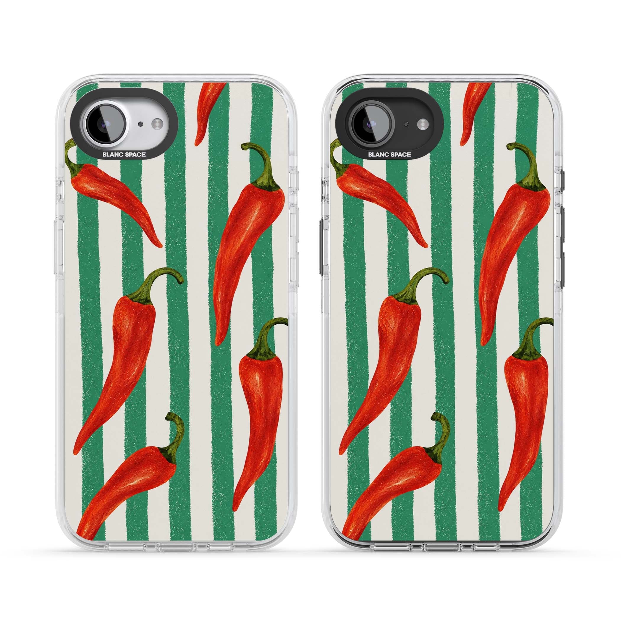 Striped Chillis coastal iPhone case featuring hand-painted red chili peppers on green and cream stripes | Clear Impact case for iPhone 16e, iPhone 17e