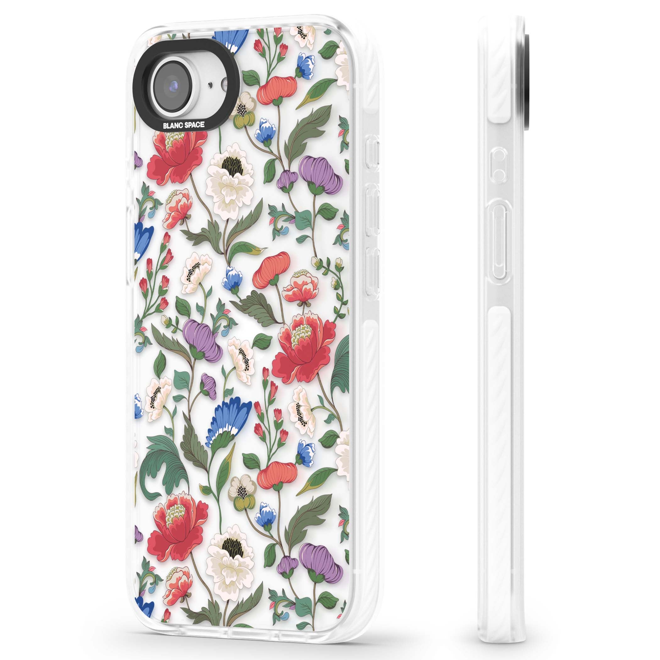 Chinoiserie Bloom vintage floral iPhone case featuring hand-painted peonies, poppies and trailing wildflowers on clear... | Clear Impact case for iPhone 16e, iPhone 17e