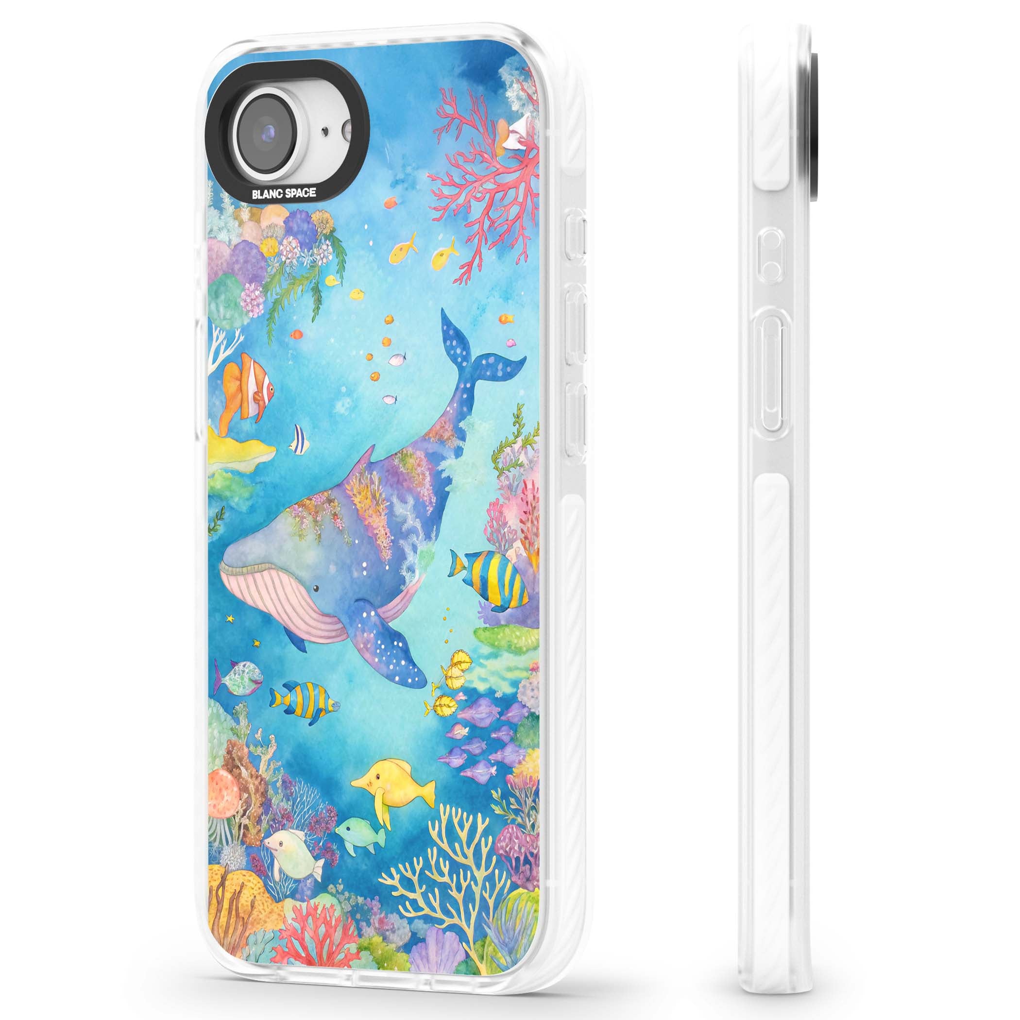 Coral Lagoon ocean iPhone case featuring a watercolour whale, coral reef and tropical fish | Clear Impact case for iPhone 16e, iPhone 17e