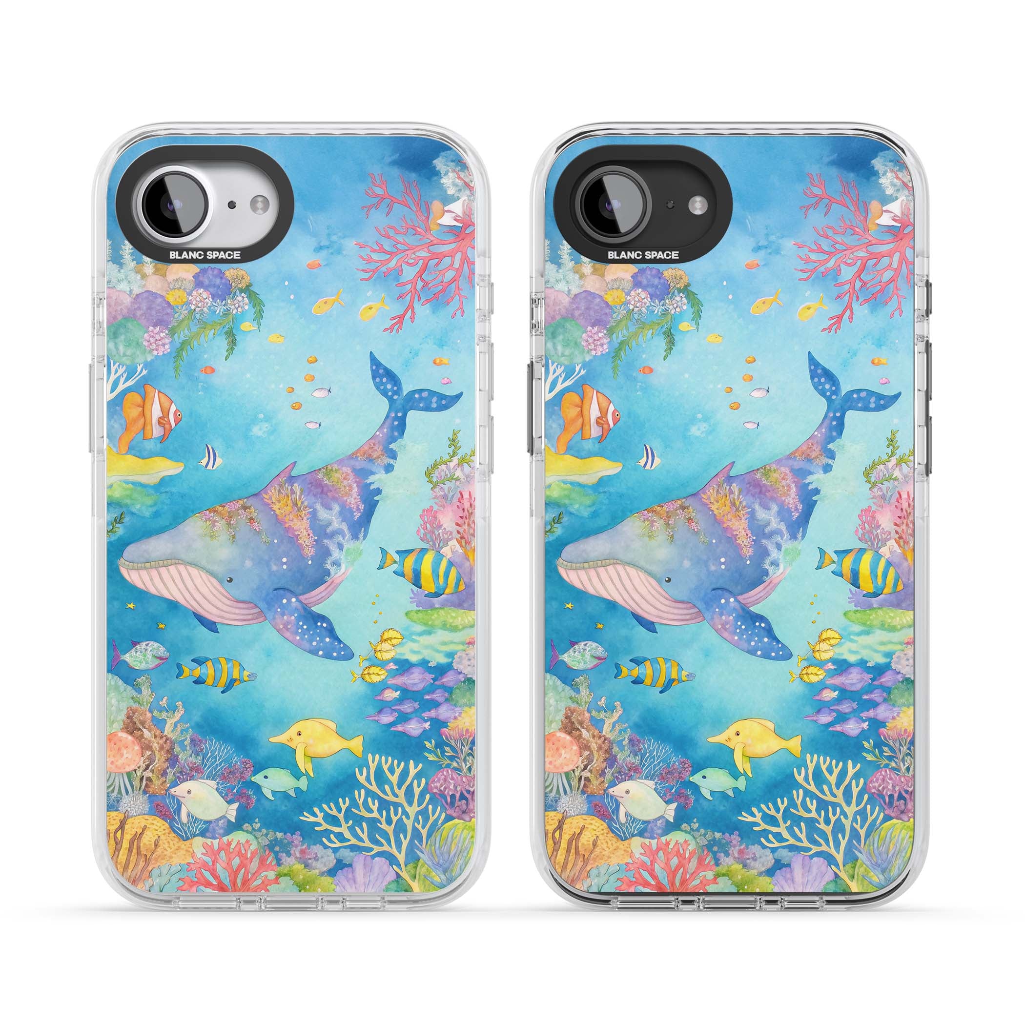 Coral Lagoon ocean iPhone case featuring a watercolour whale, coral reef and tropical fish | Clear Impact case for iPhone 16e, iPhone 17e