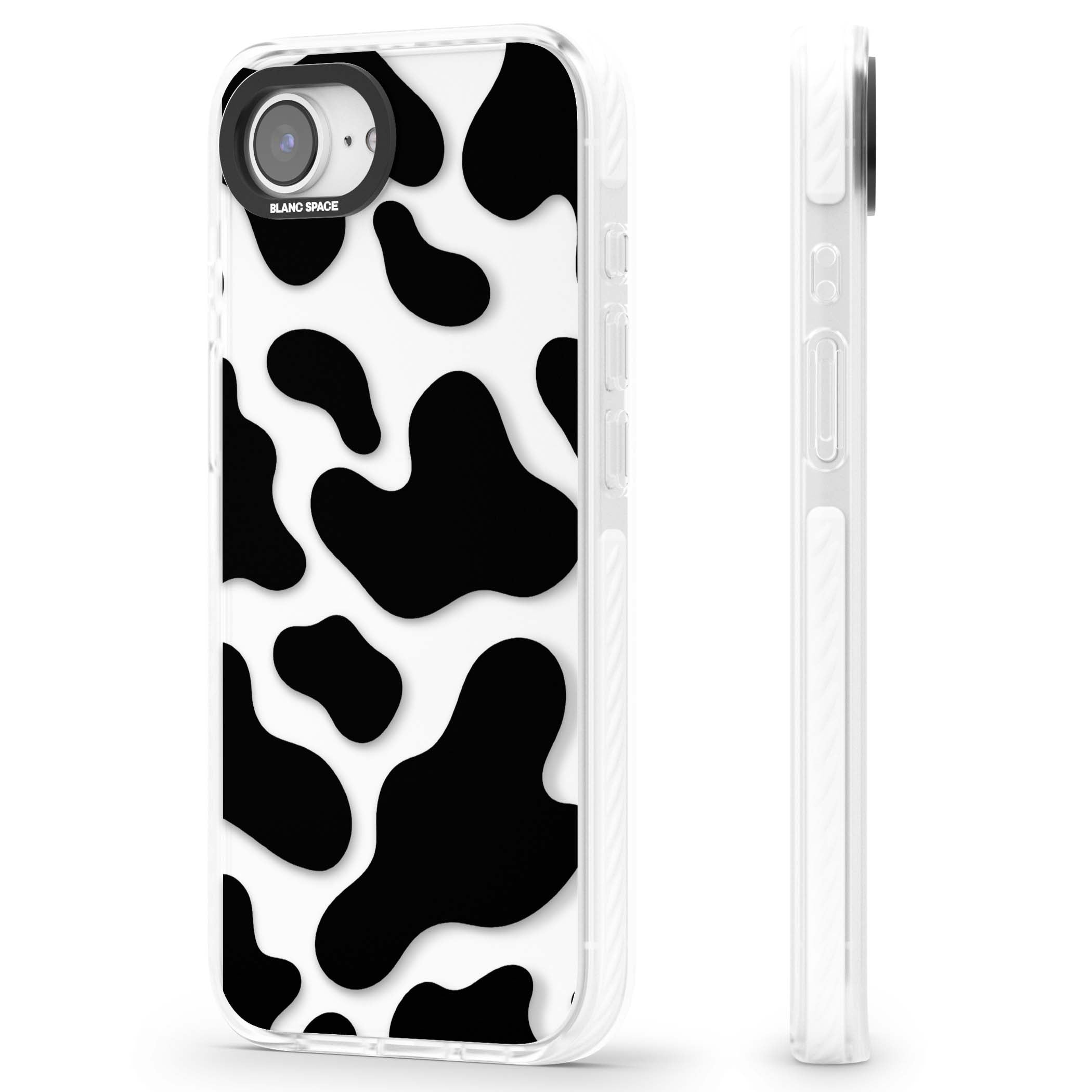 Clear Cow Print cow print iPhone case featuring black and white cow pattern splotches on a clear background | Clear Impact case for iPhone 16e, iPhone 17e