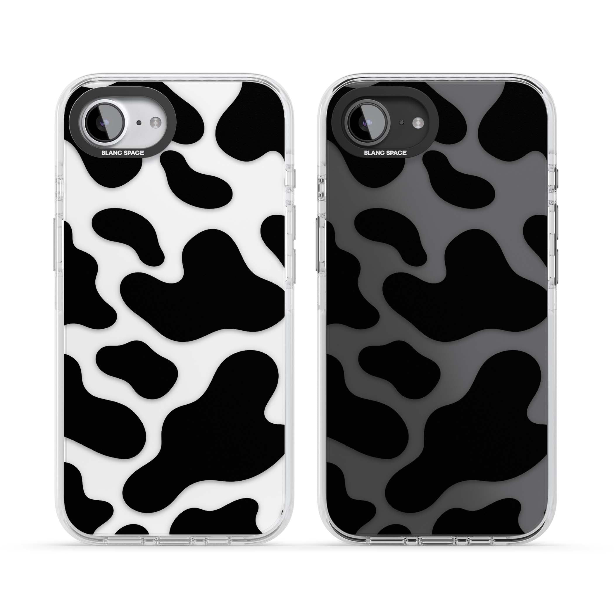 Clear Cow Print cow print iPhone case featuring black and white cow pattern splotches on a clear background | Clear Impact case for iPhone 16e, iPhone 17e