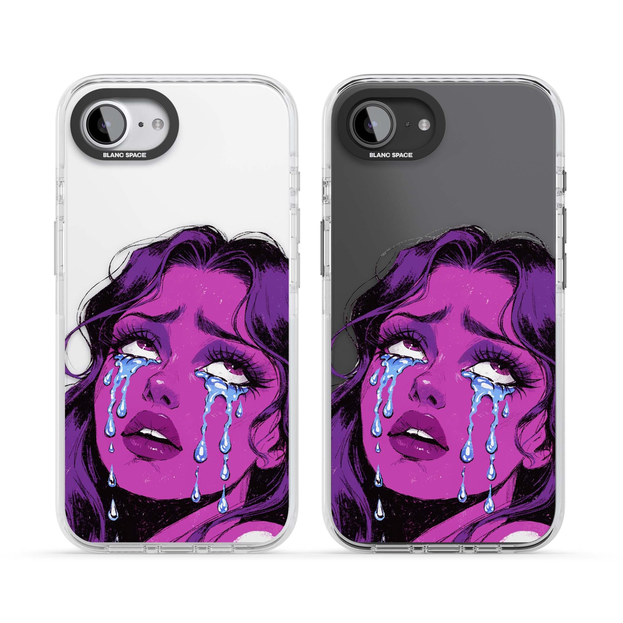 Drama Queen pop art iPhone case featuring a purple crying comic girl with blue tears | Clear Impact case for iPhone 16e, iPhone 17e