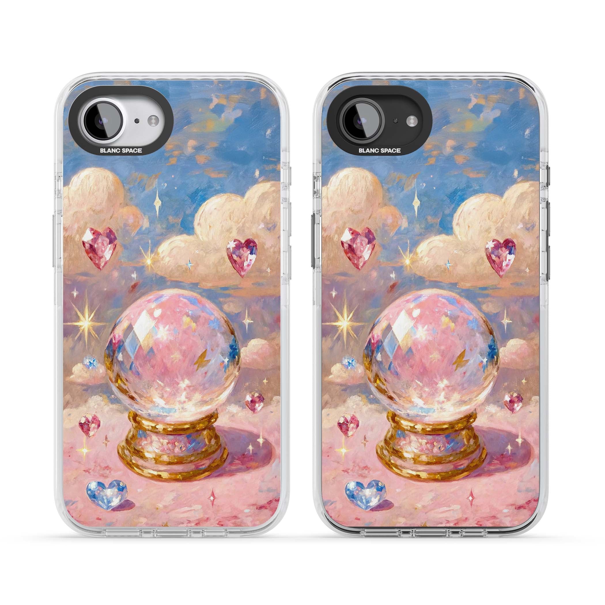 Crystal Ball fairycore iPhone case featuring a painted crystal ball, heart gemstones, and pastel clouds | Clear Impact case for iPhone 16e, iPhone 17e