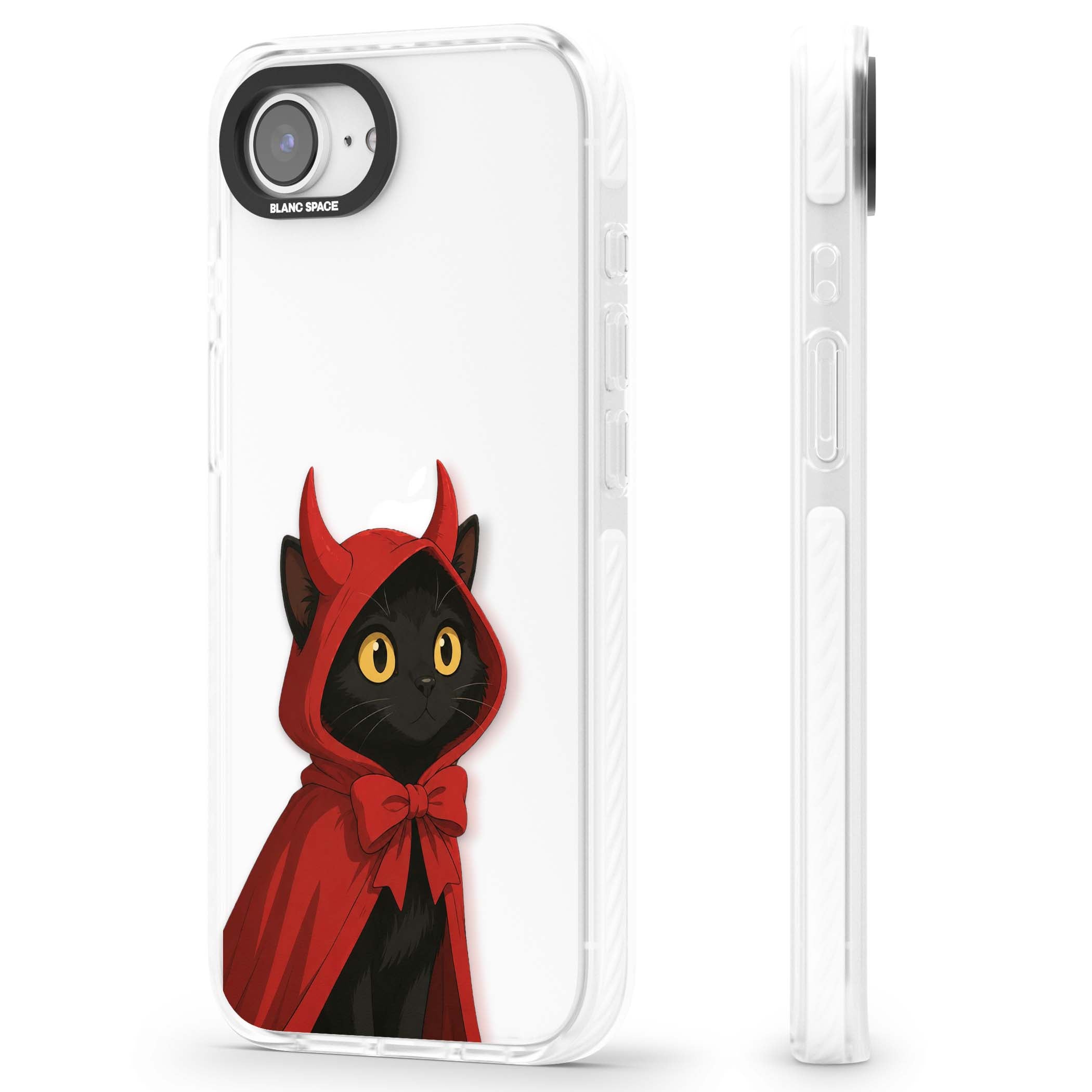 Little Devil halloween iPhone case featuring a black cat in a red hooded devil cloak with horns and golden eyes | Clear Impact case for iPhone 16e, iPhone 17e