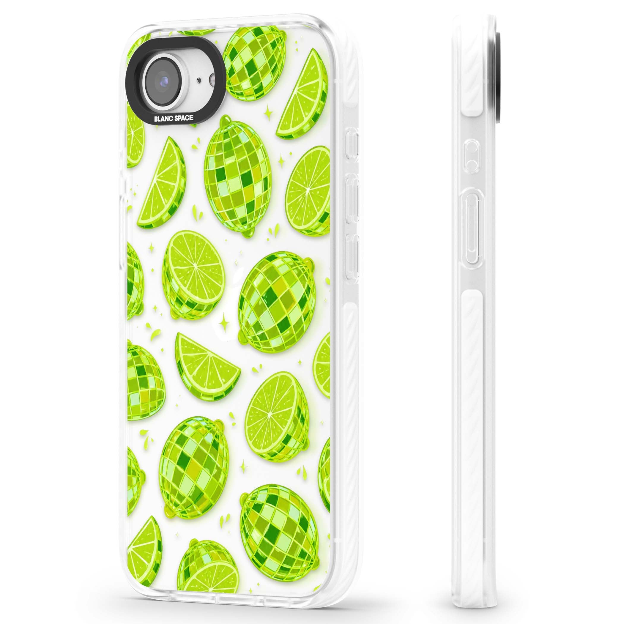 Disco Limes fruit aesthetic iPhone case featuring green disco balls, lime slices and citrus sparkles | Clear Impact case for iPhone 16e, iPhone 17e