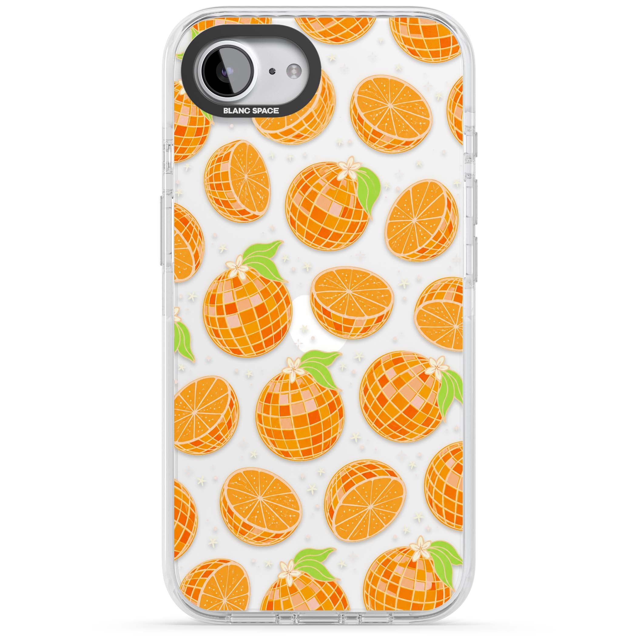 Disco Oranges retro iPhone case featuring mirrorball oranges, citrus slices and tiny blossoms on clear | Clear Impact case for iPhone 16e, iPhone 17e