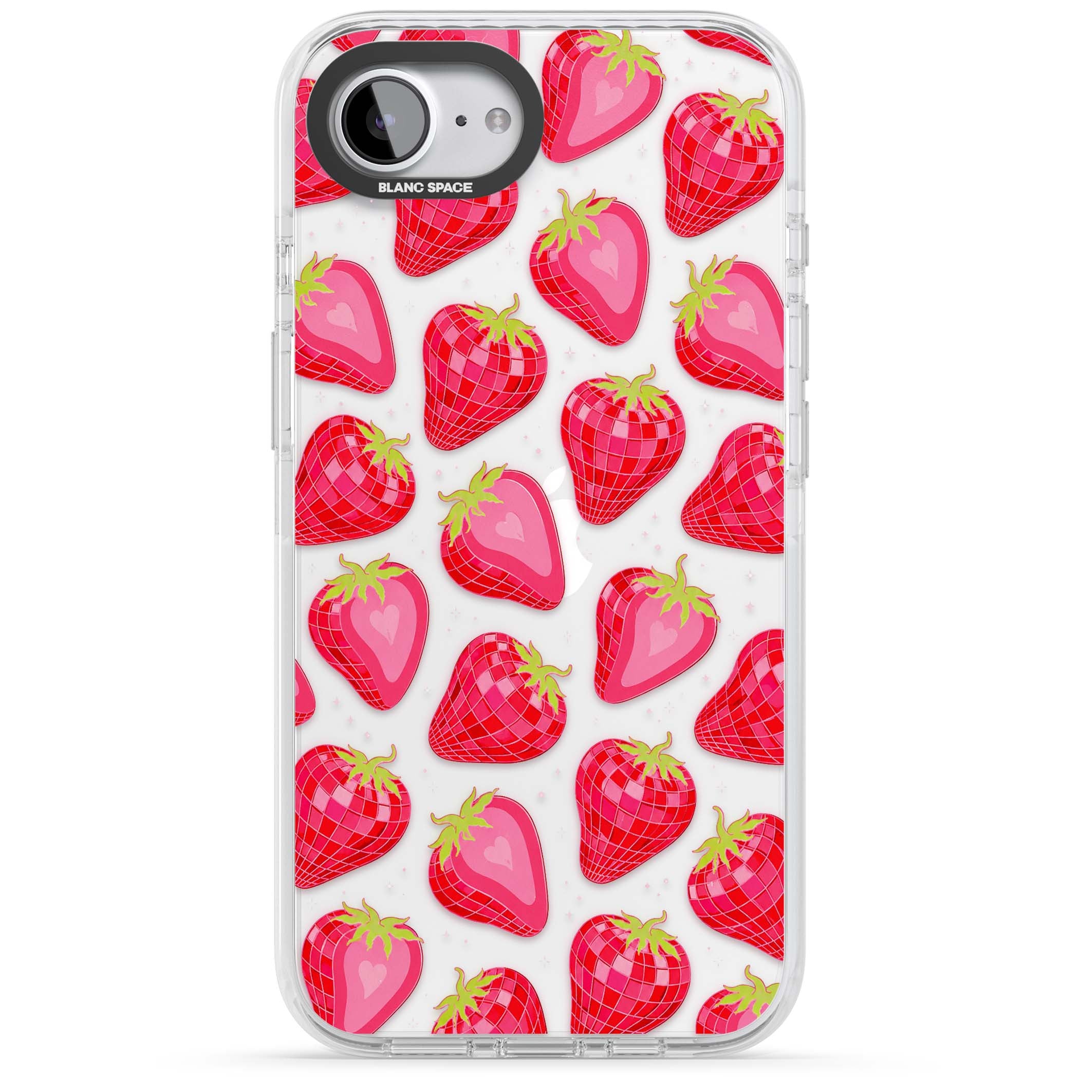 Disco Strawberry Y2K iPhone case featuring pink disco-ball strawberries, green leaves and tiny sparkles | Clear Impact case for iPhone 16e, iPhone 17e