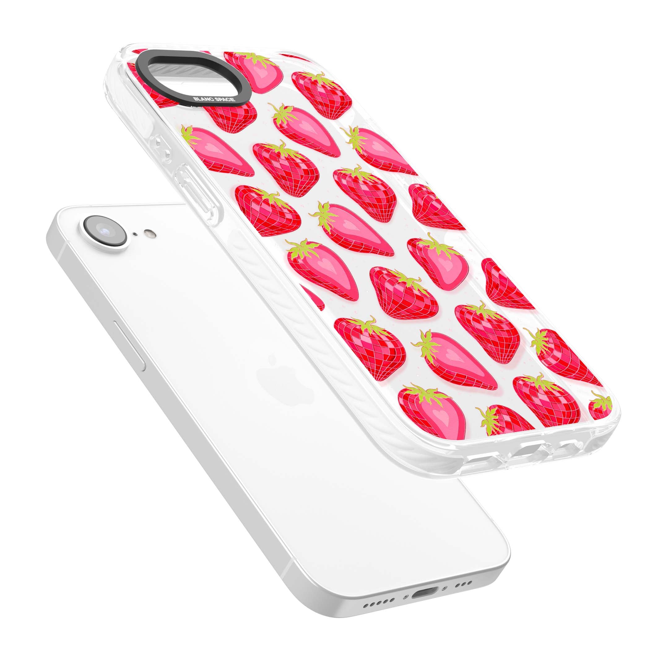 Disco Strawberry Y2K iPhone case featuring pink disco-ball strawberries, green leaves and tiny sparkles | Clear Impact case for iPhone 16e, iPhone 17e