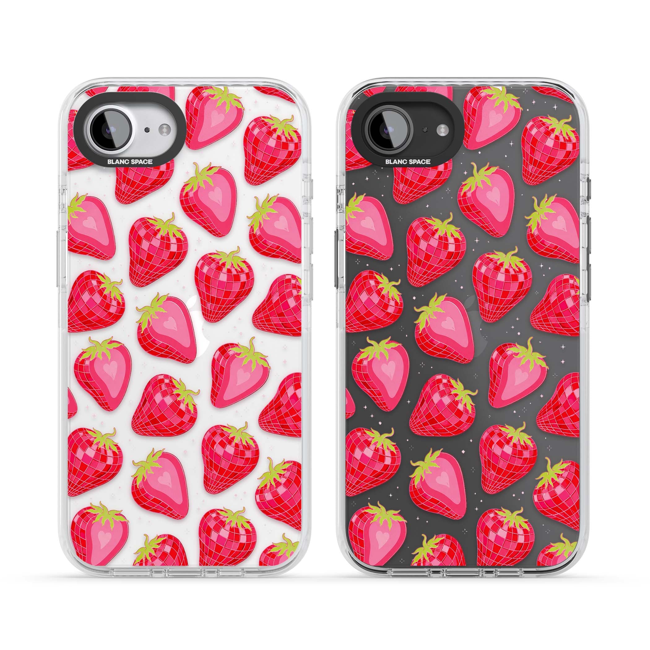 Disco Strawberry Y2K iPhone case featuring pink disco-ball strawberries, green leaves and tiny sparkles | Clear Impact case for iPhone 16e, iPhone 17e