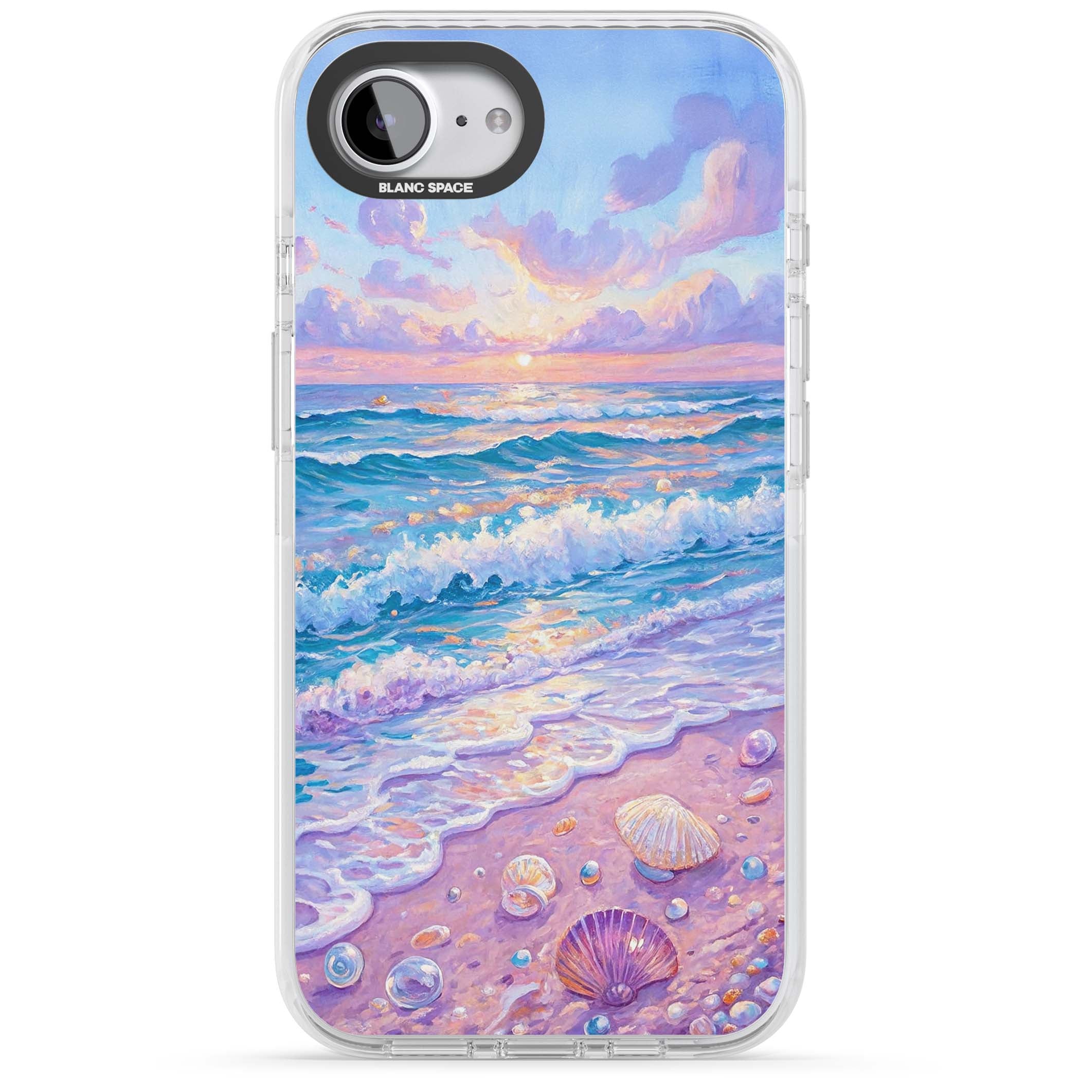 Pearl Shore coastal iPhone case featuring pastel painted waves, seashells, and a sunrise sky over a lavender beach. | Clear Impact case for iPhone 16e, iPhone 17e