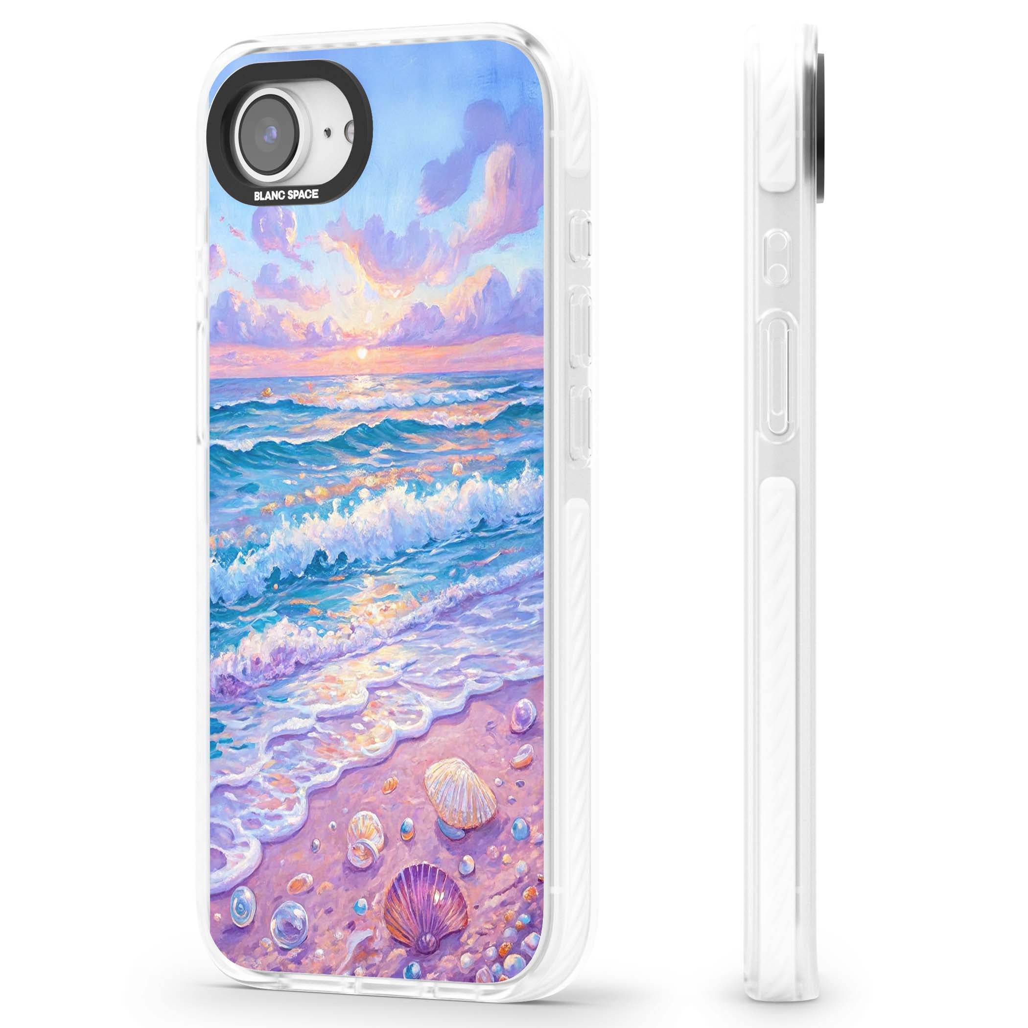 Pearl Shore coastal iPhone case featuring pastel painted waves, seashells, and a sunrise sky over a lavender beach. | Clear Impact case for iPhone 16e, iPhone 17e
