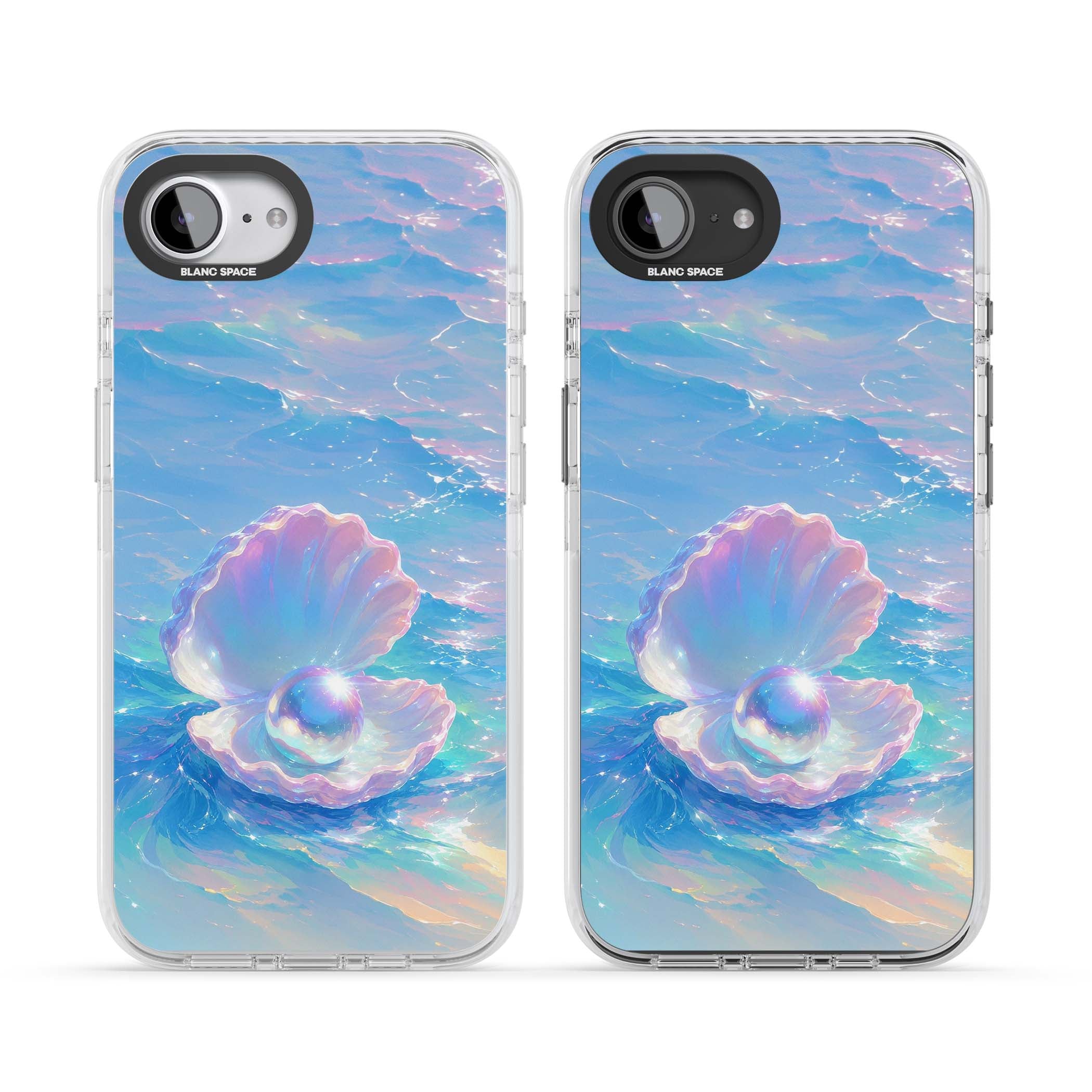 The Pearl Clam mermaidcore iPhone case featuring iridescent seashell, glowing pearl and pastel ocean waves | Clear Impact case for iPhone 16e, iPhone 17e