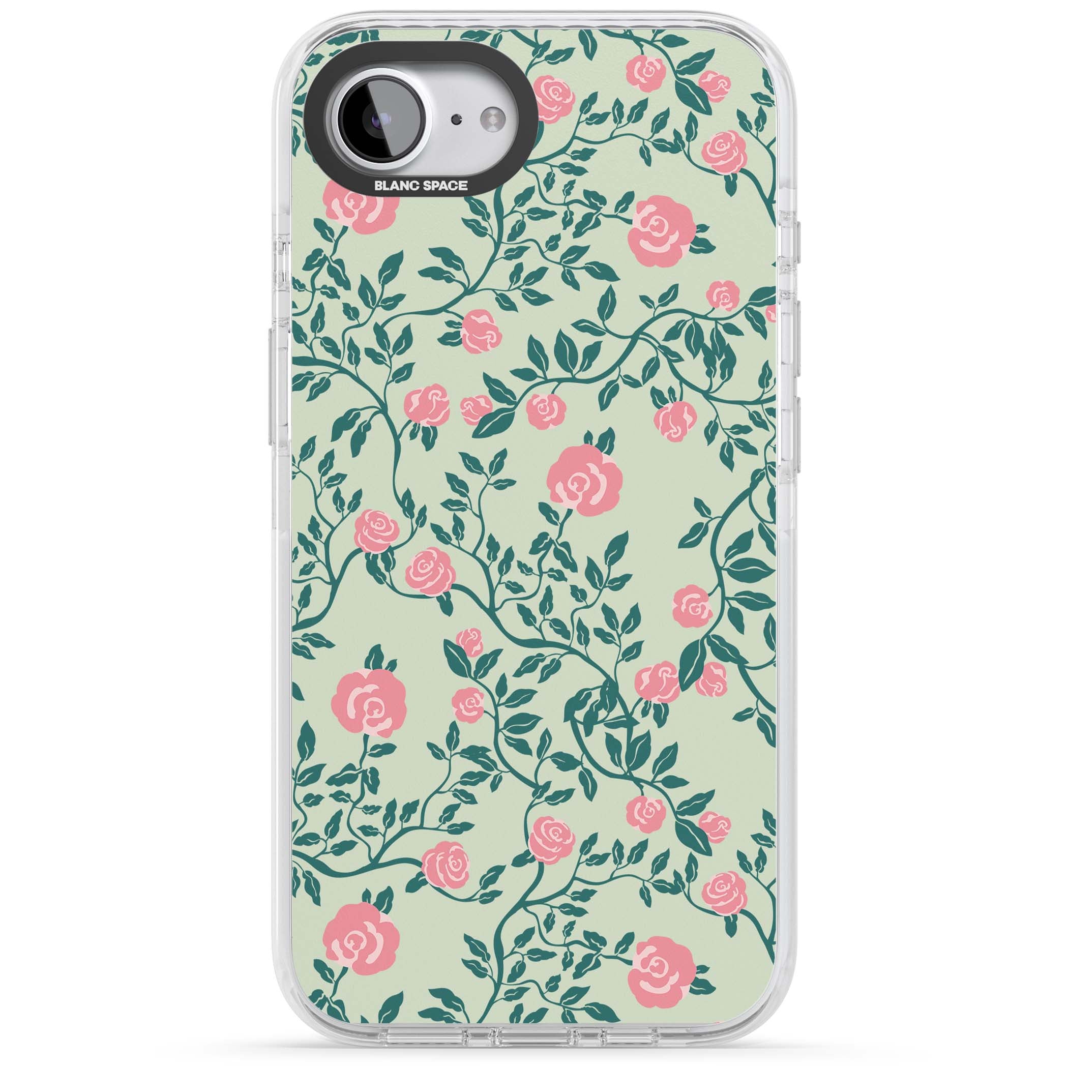 Rose Trellis cottagecore iPhone case featuring pink roses, sage green vines, and mint background | Clear Impact case for iPhone 16e, iPhone 17e